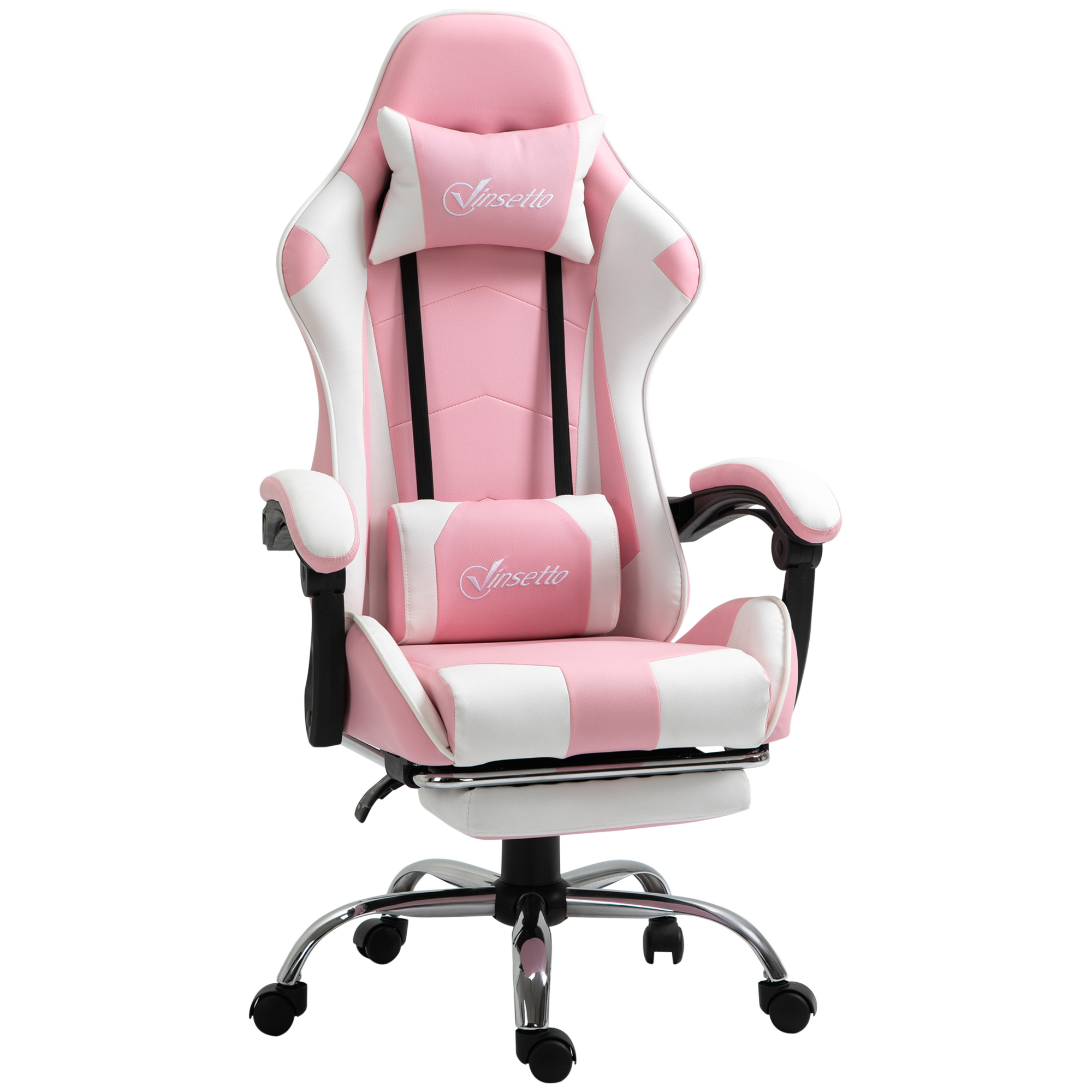 Vinsetto Gamingstuhl Computerstuhl Ergonomischer Bürostuhl Gamer Stuhl mit Kopfstütze Lendenkissen Bürostuhl höhenverstellbar 360°drehbar Schaumstoff Kunstleder PVC Rosa+Weiß 64 x 67 x 119-127 cm
