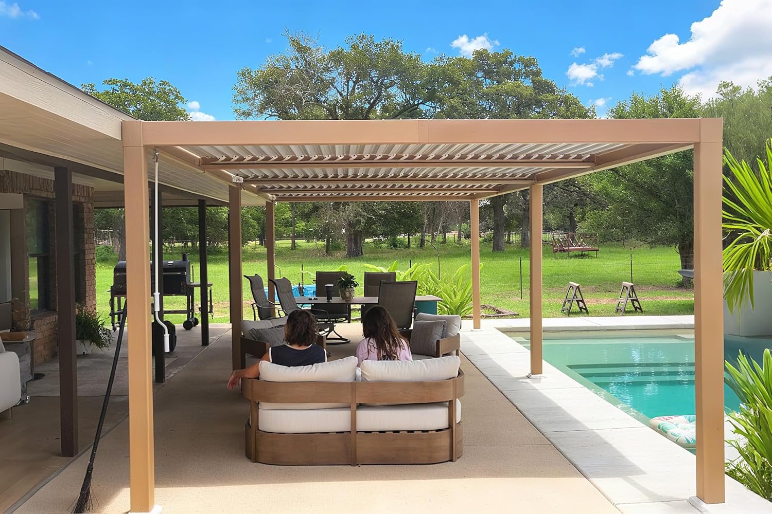 PURPLE LEAF Bioclimatic Pergola Wood Effect Aluminium 3.5 x 8.5 m, Waterproof Outdoor Garden Gazebo with Adjustable Blades, Pergola for Patio, Garden and Carport, Wooden