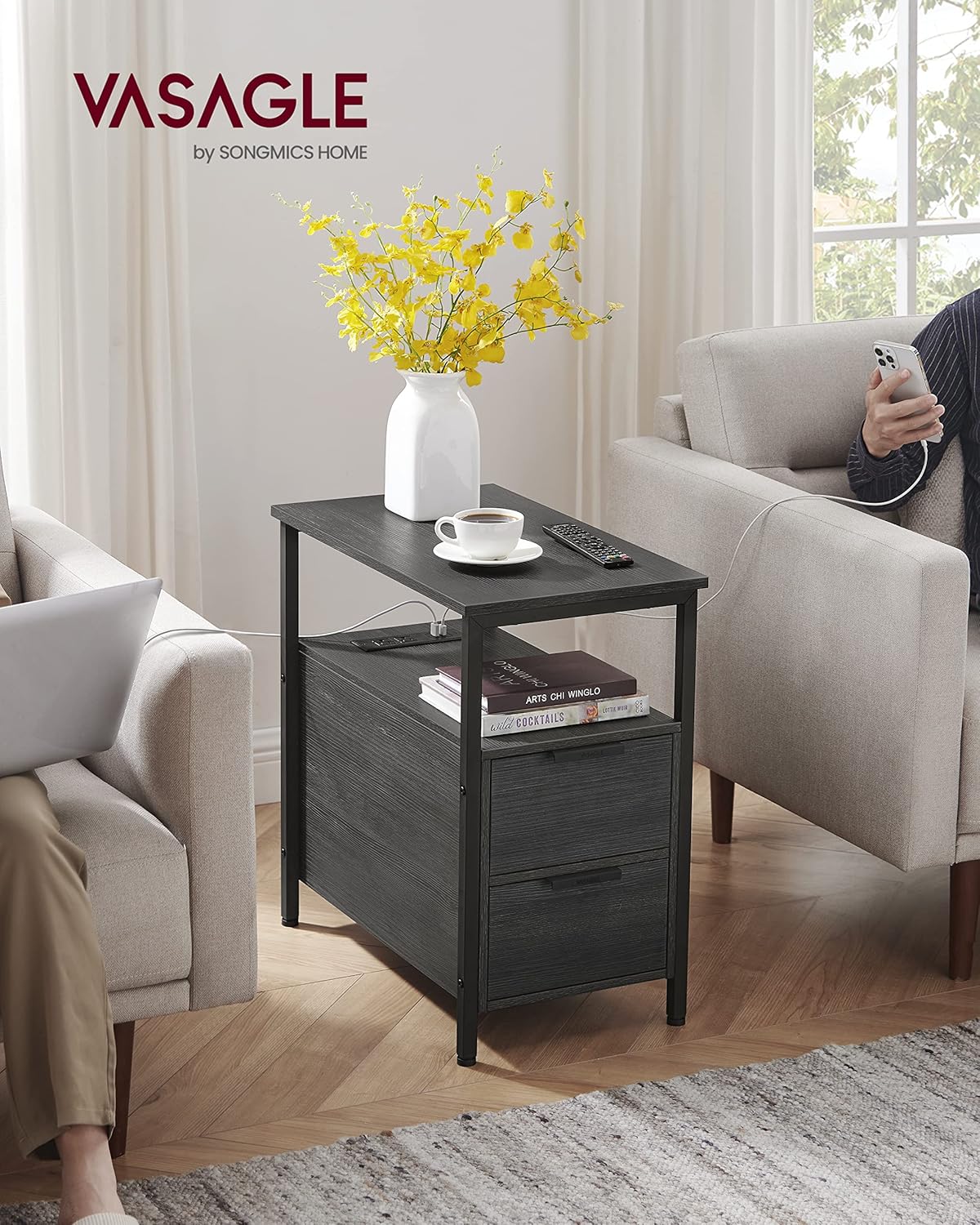 VASAGLE Side Table with Charging Station Narrow End Table with 2 Drawers