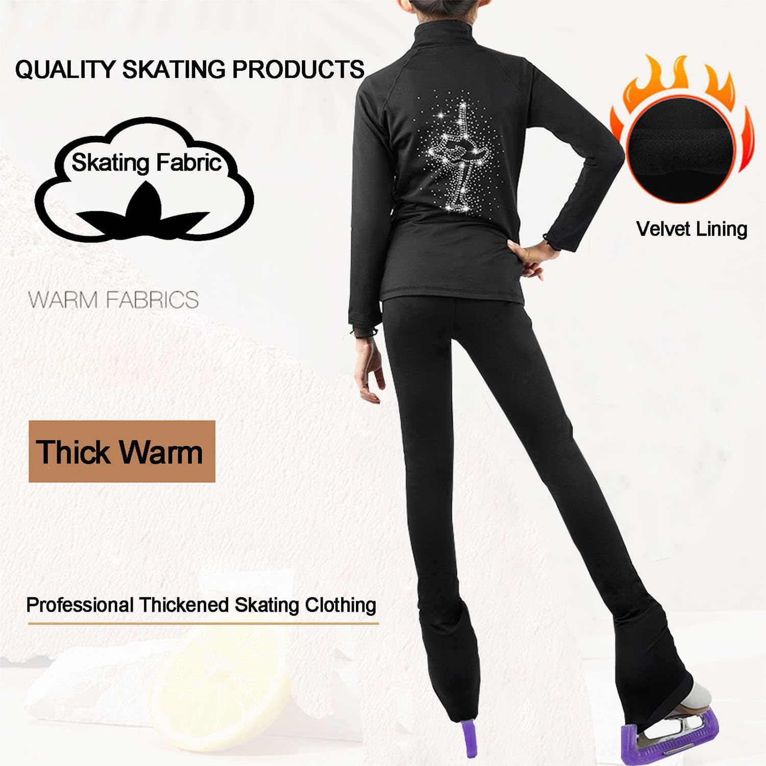 Eislauf-Outfit für Mädchen, Eiskunstlaufjacke, Eiskunstlaufhose, warme Eiskunstlaufhose für Mädchen, Strass-Leggings,Schwarz,L