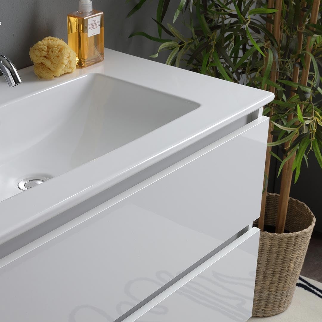 Kiamami Valentina - Mobile bagno sospeso bianco lucido 80 cm 2 cassetti, specchio con lampada | Benaco