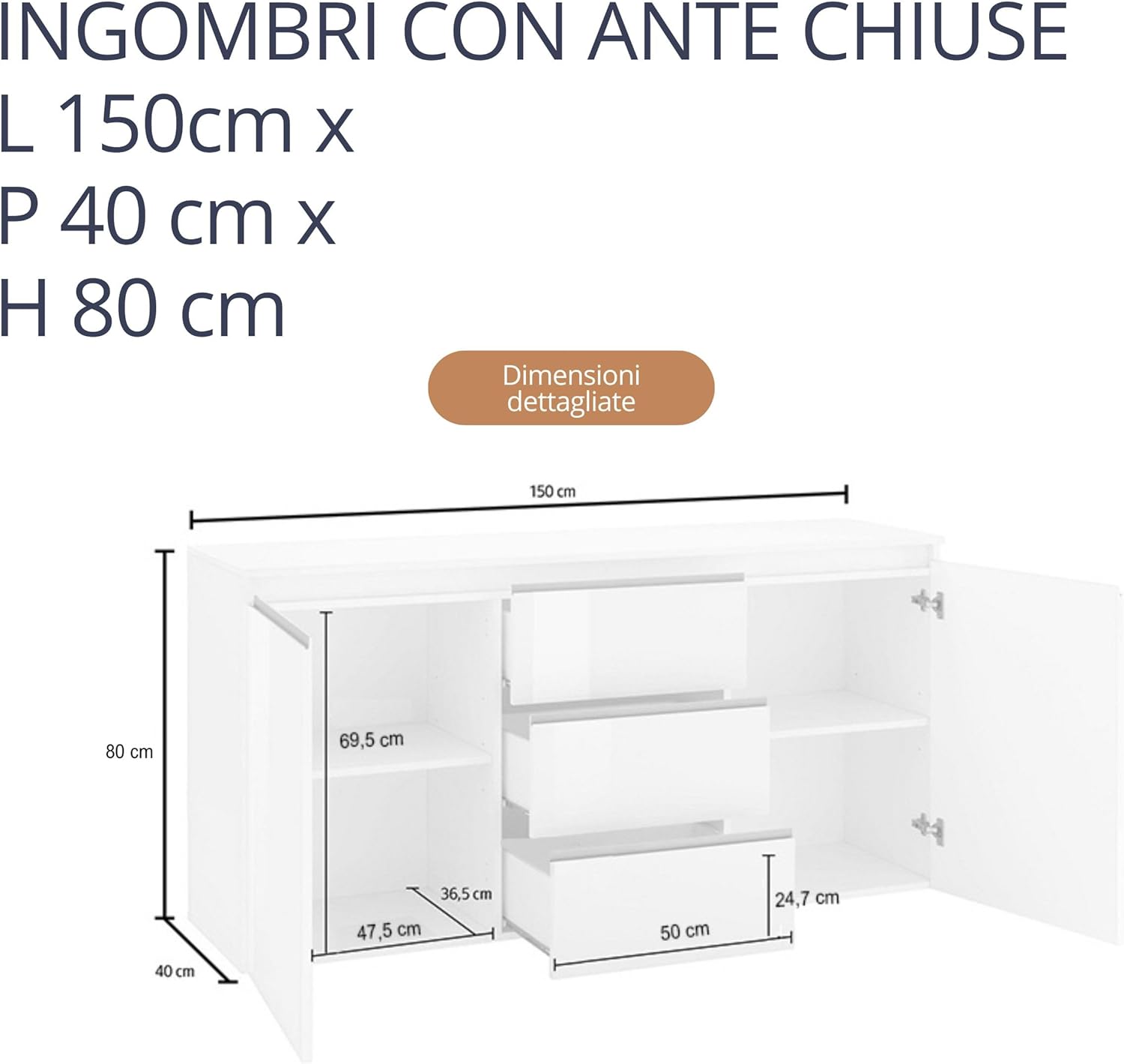WHOUS Credenza MAGIC per Soggiorno con 2 Ante e 3 Cassetti, Madia per Salotto e Sala da Pranzo in Legno, 150x40x80 cm, Bianco Lucido