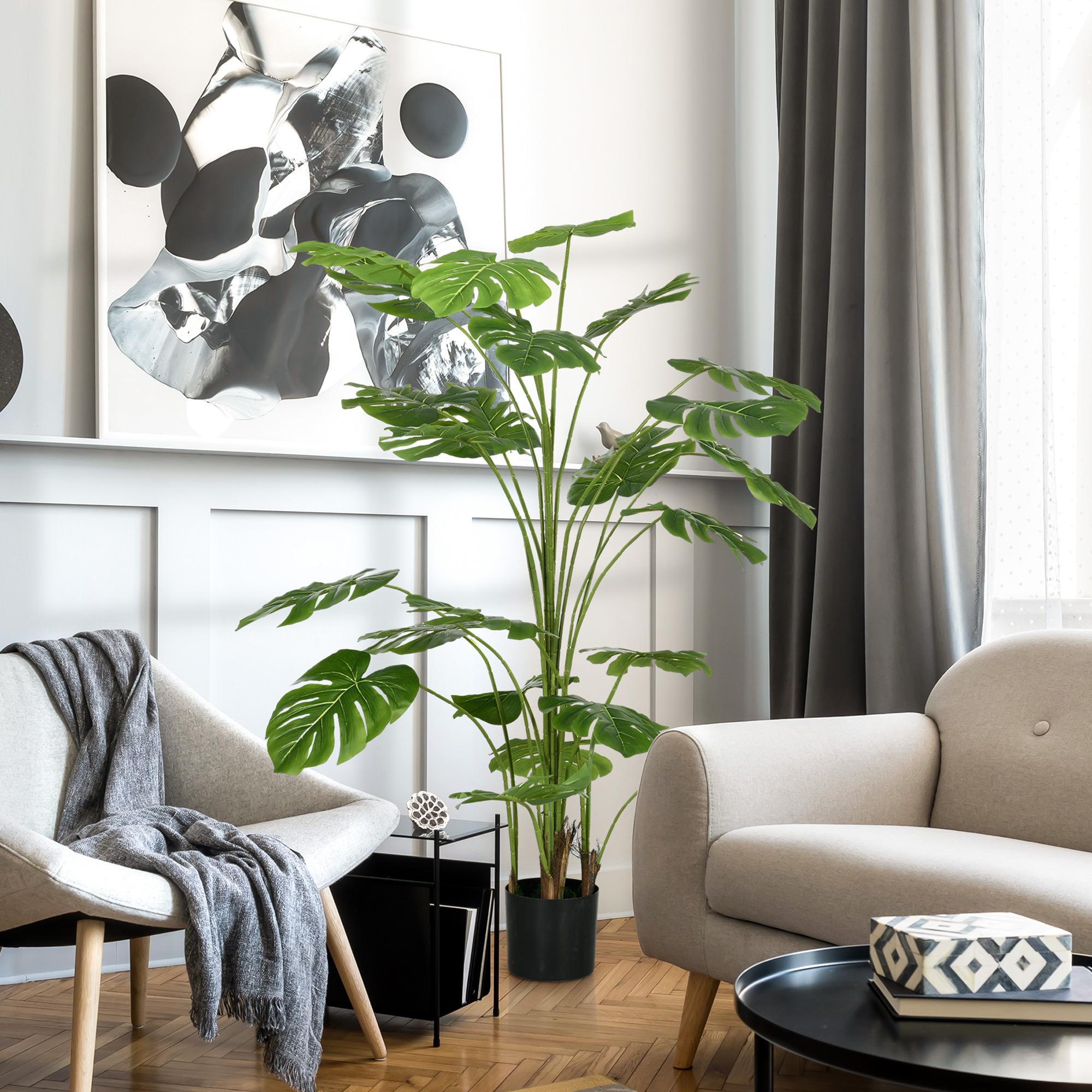HOMCOM 180 cm Kunstpflanze, mit Übertopf, Kunstmoos, Zimmerpflanze für Wohnzimmer, realistischer Look, Grün