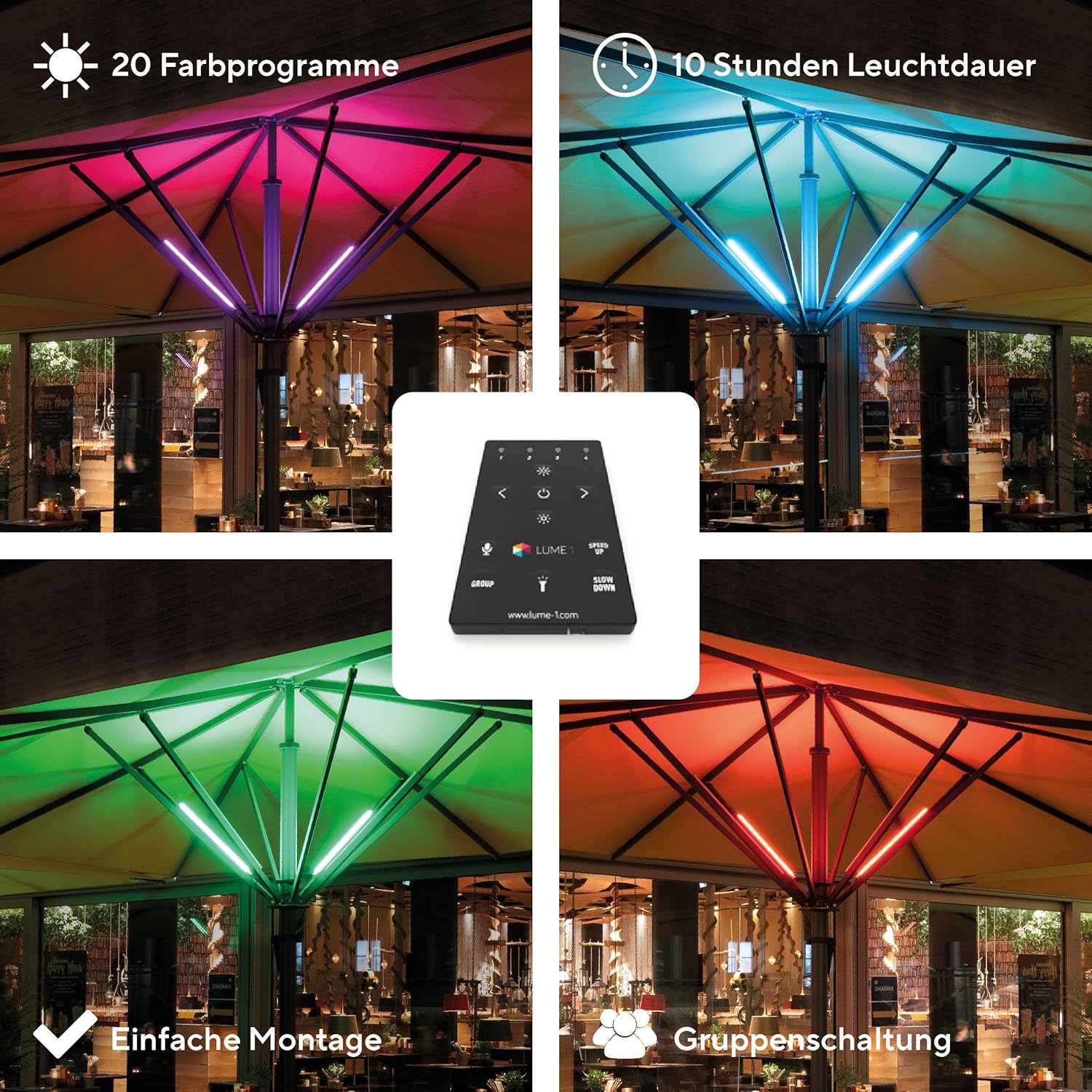 Lume1 kabellose Akku Sonnenschirmbeleuchtung - inkl. Akkus! 20 Farb- und Farbwechselprogramme Made in Germany! RGB + Warmweiß: 2.700 Kelvin, 1.920 Lumen (Pro 2er)