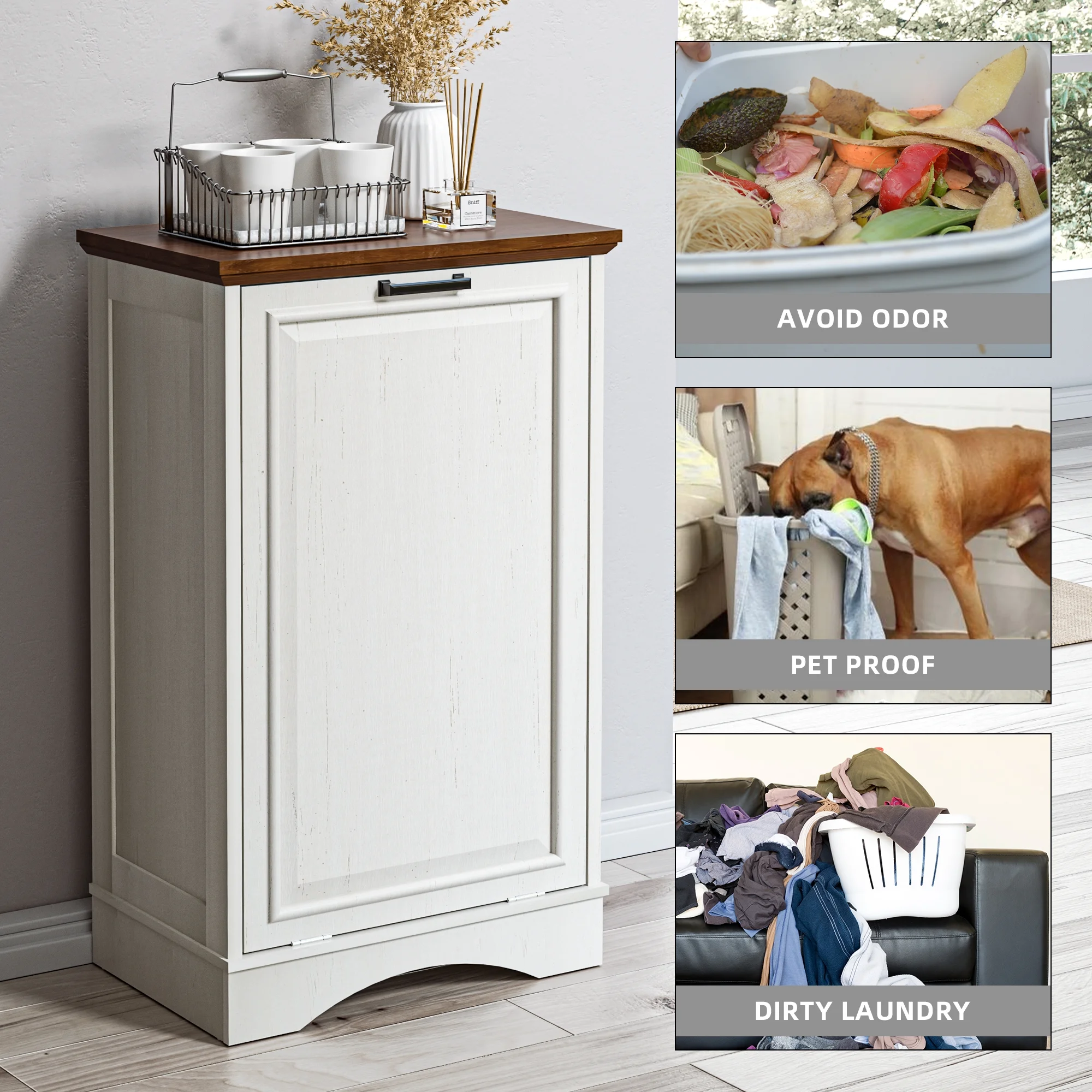 HARIPUL Single Tilt Out Trash Cabinet for 13 Gallon Waste Bin, Free Standing Kitchen Trash Can Cabinet with Drawers, White