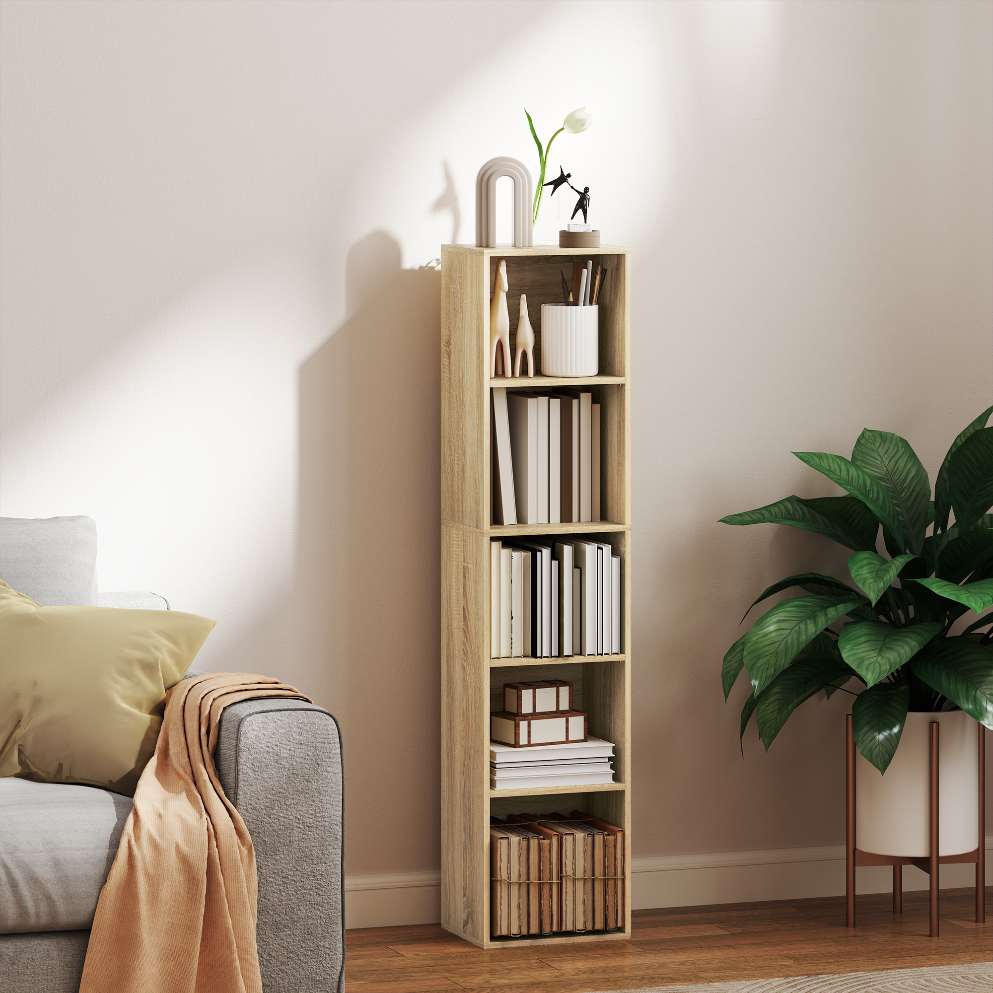 HOMCOM Bücherregal Aufbewahrungsregal 5 Ebenen mit verstellbaren Regalen für Wohnzimmer, Schlafzimmer, Büro, 30x24x133,5cm, Naturholz