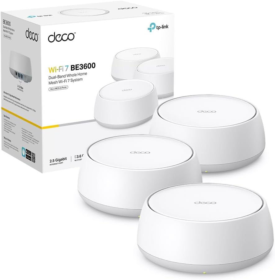 TP-Link WiFi 7 Deco BE25 Mesh WiFi, BE3600Mbps Dual-Band, Router, AP, 2 Porte Ethernet di 2,5 Gbps, 4 Antenne Interne, MLO, AI-Roaming, HomeShield, Funziona con Qualsiasi ISP, Modem e Alexa, 3pz