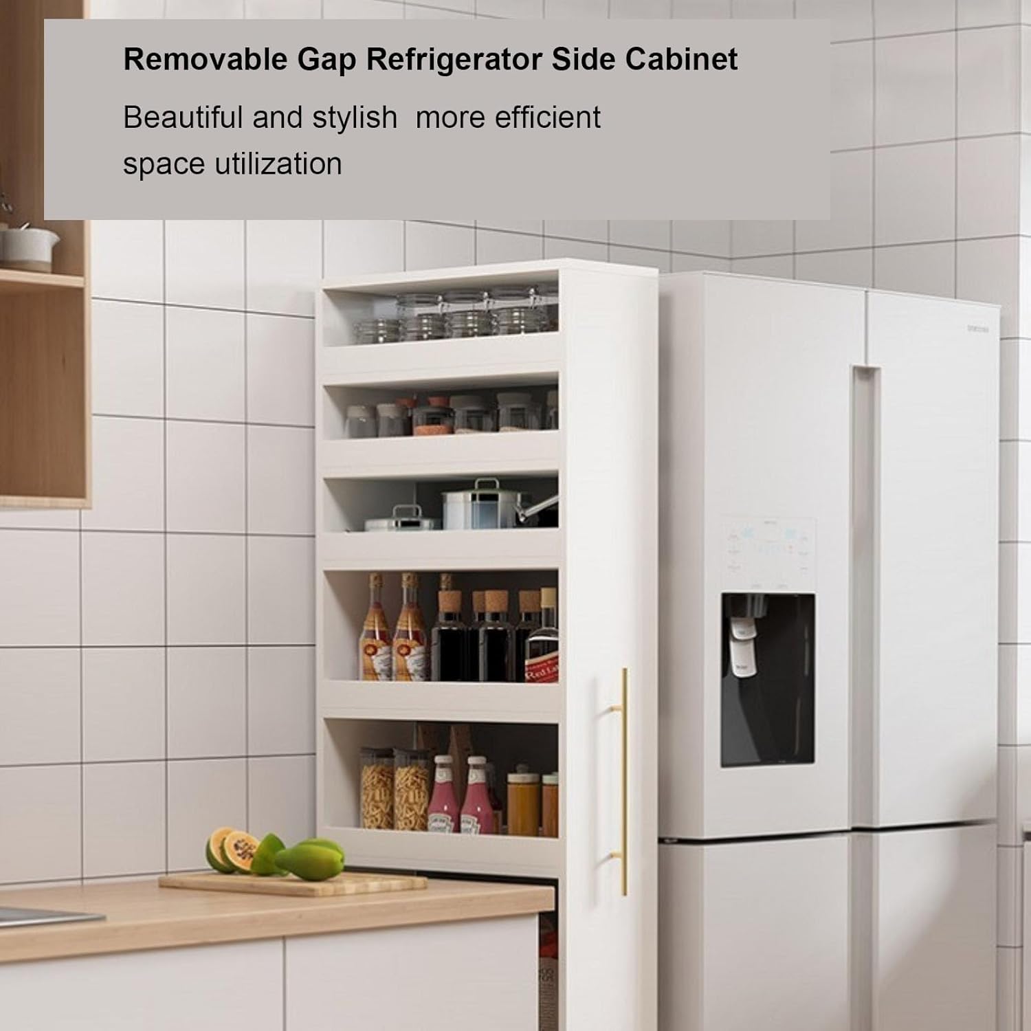Carrello Portaoggetti Sottile, Carrello da Cucina, Mobiletto Stretto con Maniglia E Ruote, Portaspezie in Legno Accanto al Frigorifero, Ripiano Dispensa,Bianca,Small