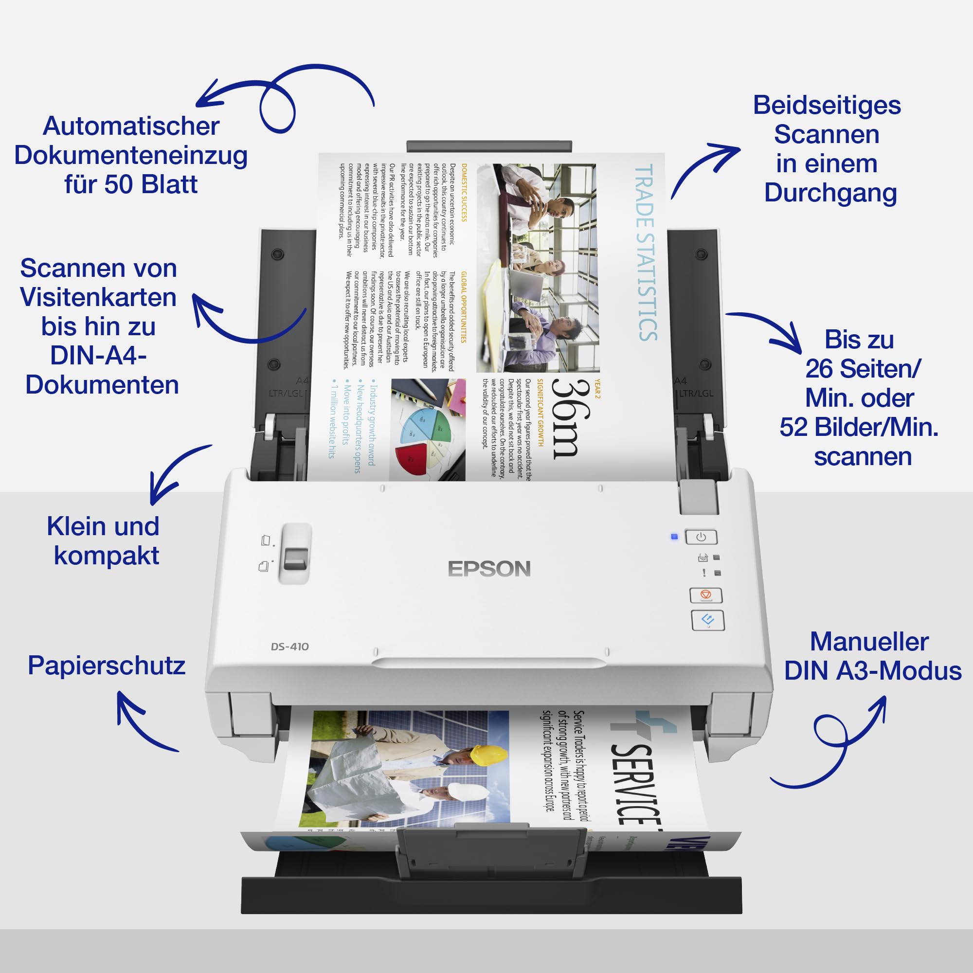 Kompakter A4-Dokumentenscanner mit 50-Blatt-Dokumenteneinzug, 26 Seiten/Min. und USB-Anschluss