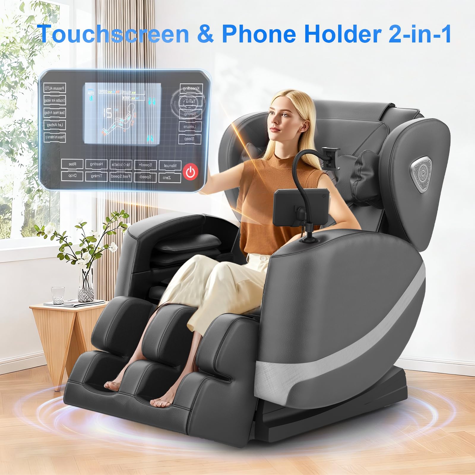 Massagesessel mit Zero-Gravity 14 Rollen 8 Luftkammern Wärmefunktion Rücken und Beine Fußmassage Bluetooth 2-in-1-Touchscreen