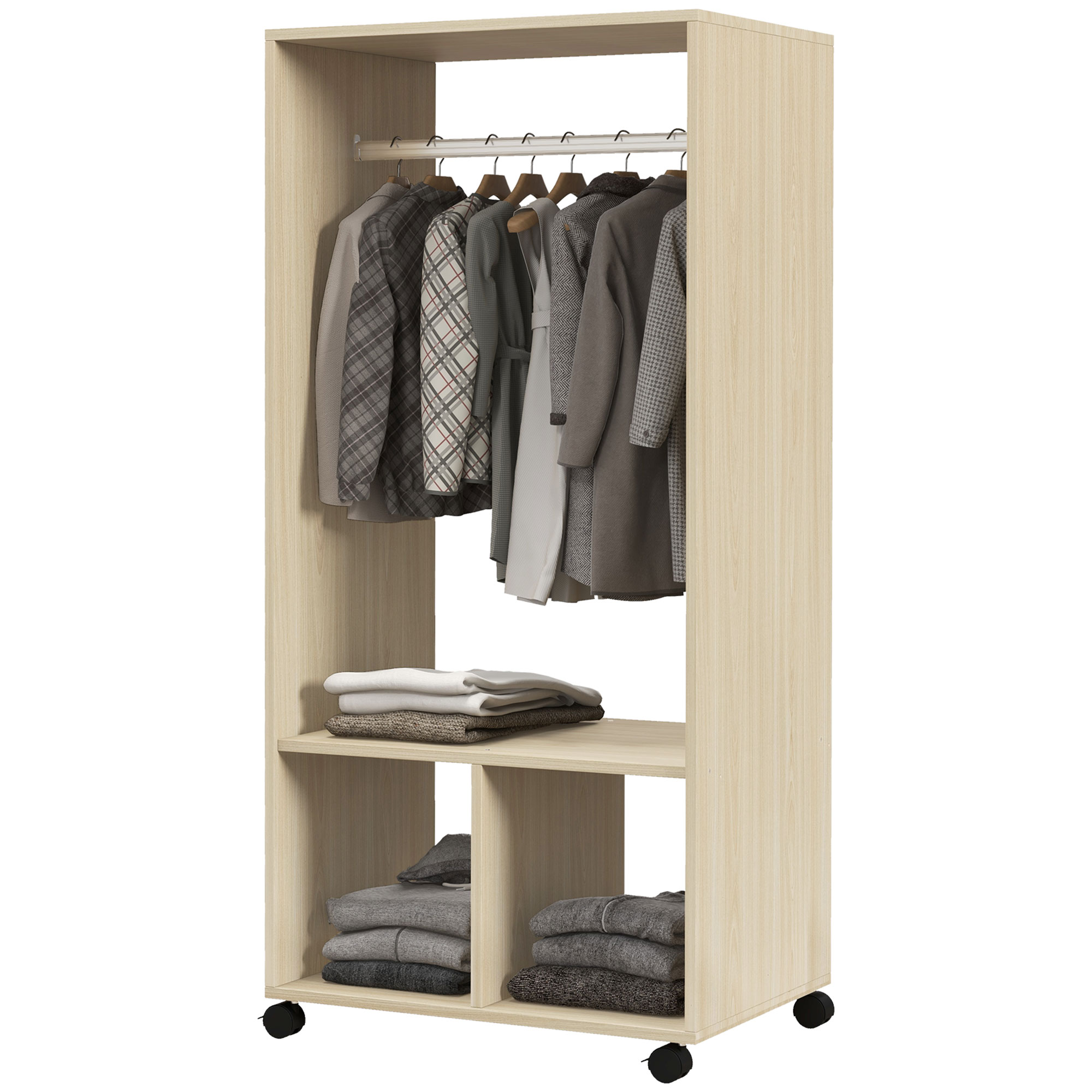 HOMCOM Schrank mit Regal 2 Fächer Kleiderstange 4 schwenkbare Rollen Maße 60L x 40B x 128H cm Naturholz