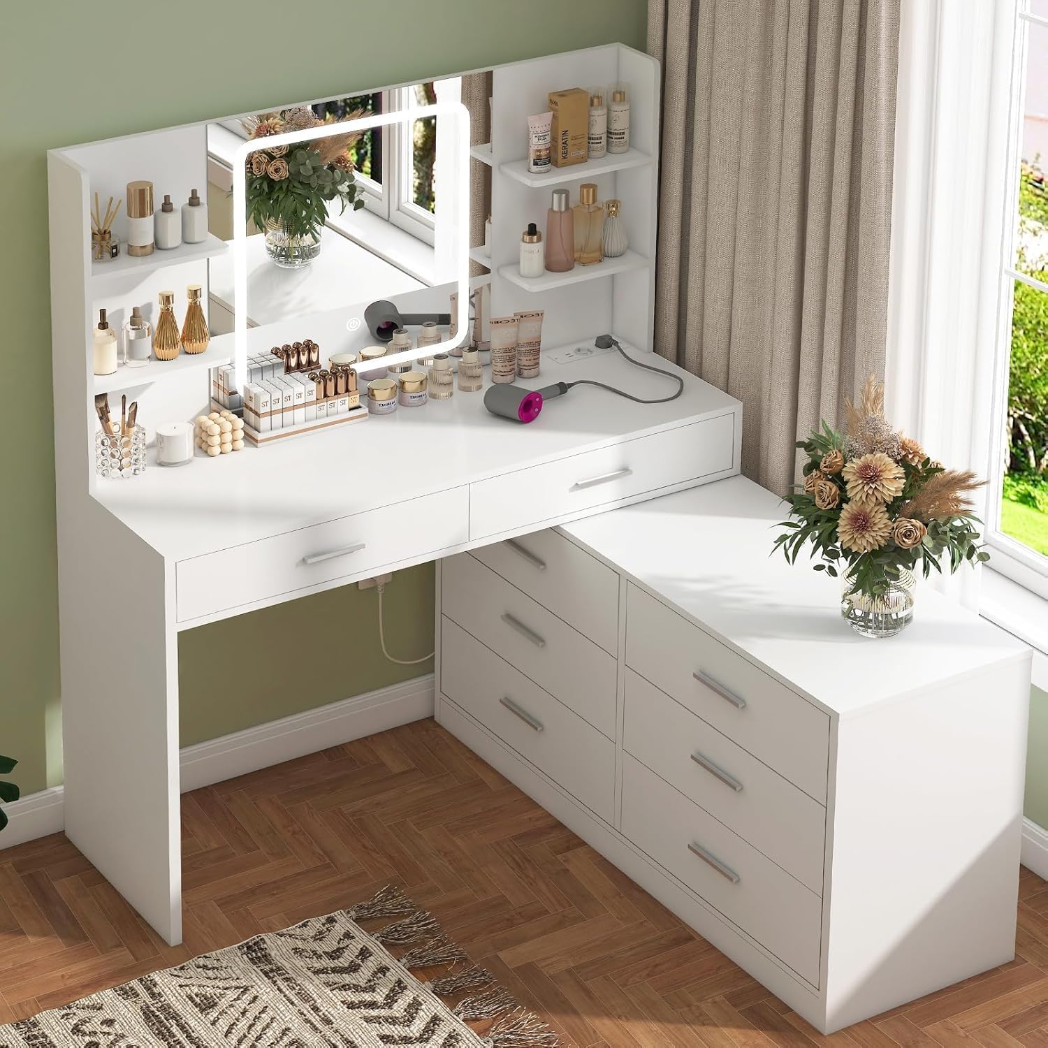 TEENFON Make-up Vanity with LED Mirror and Socket, 3 Adjustable Colour Modes and Brightness, Makeup Vanity with 8 Drawers and 6 Shelves, White