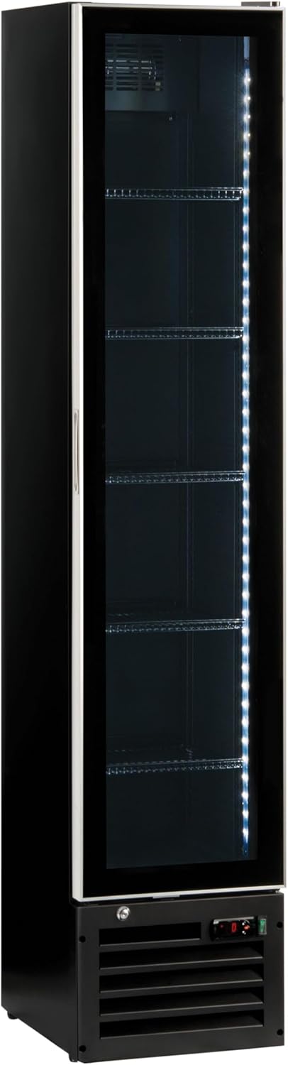 Ristoattrezzature Frigo vetrina bibite verticale SLIM refrigerata 1 anta in vetro nera +0 +10 °C 160 lt 39x47,5x188h cm