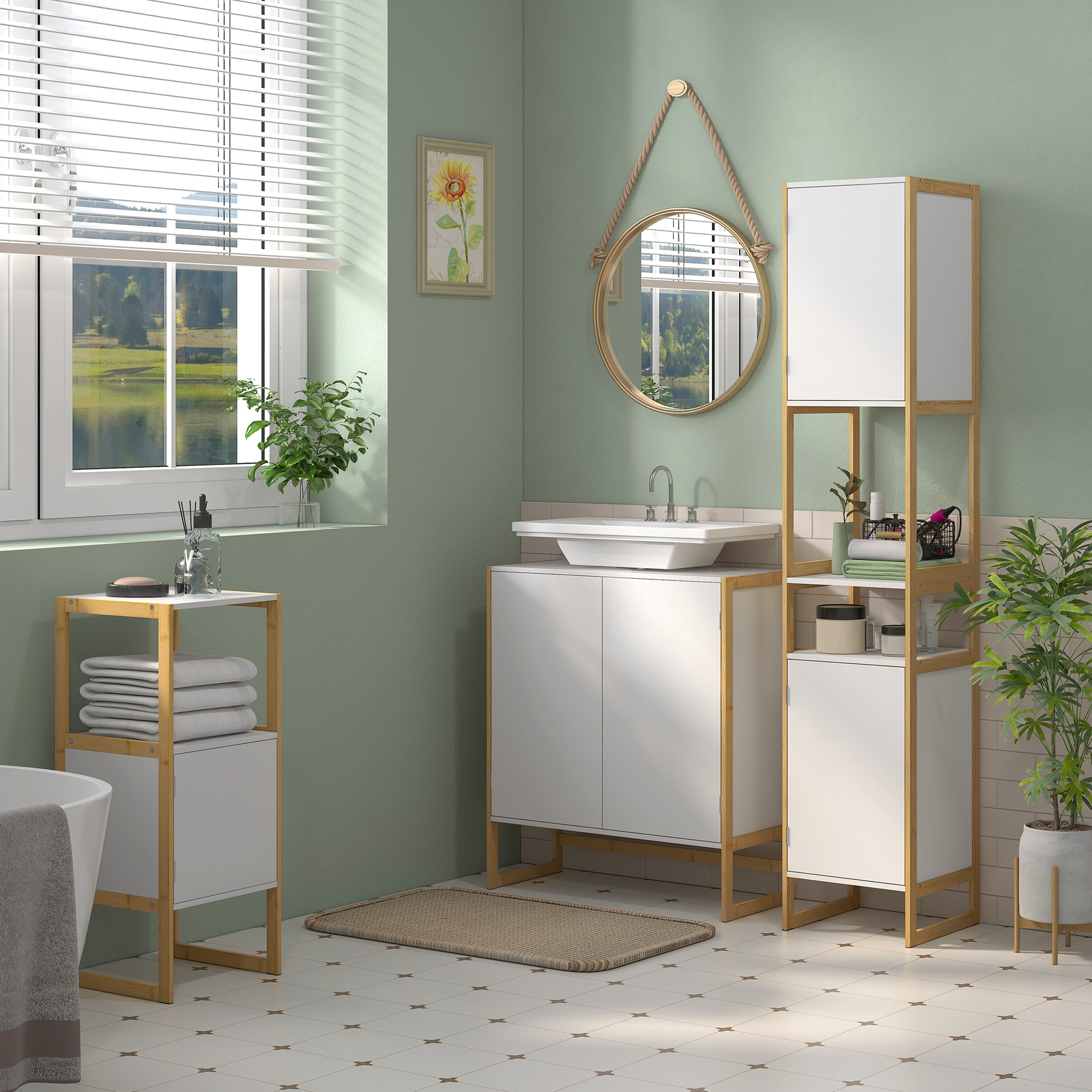HOMCOM Badezimmerschrank mit 2 offenen Regalen und 2 Schränken verstellbar, Bambus und MDF 33L x 33B x 170H cm Weiß