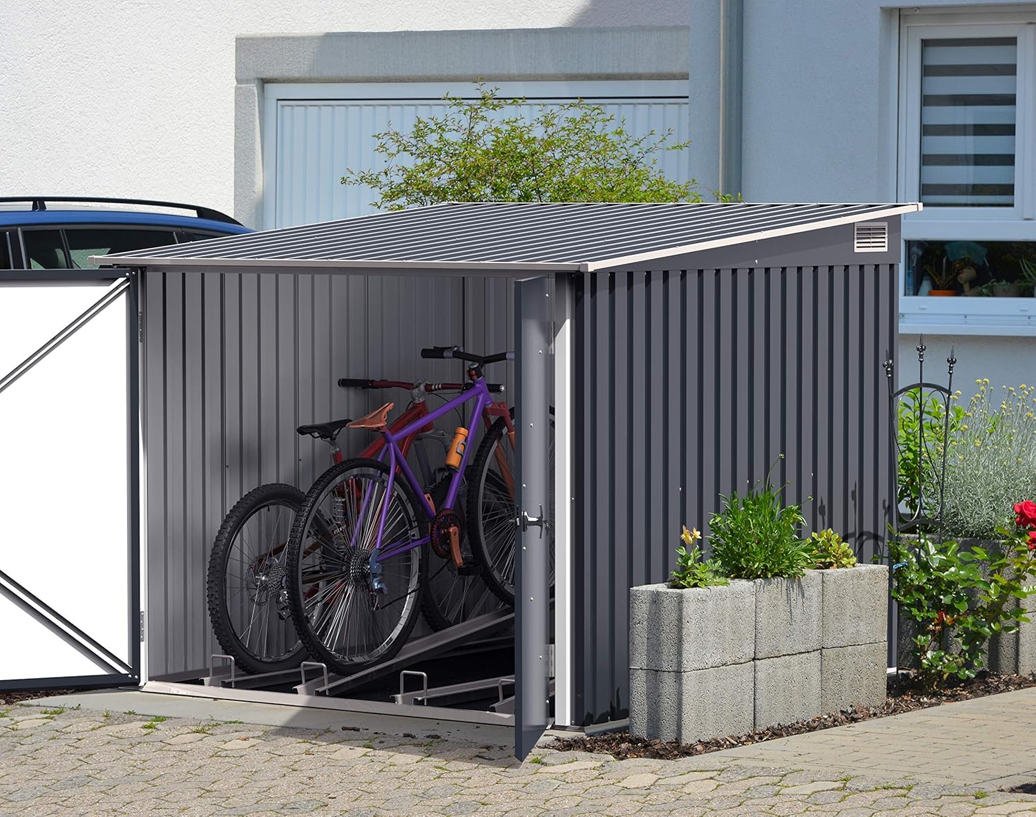Duramax Fahrradschuppen für 4, Fahrradgarage mit 4x verstellbaren Fahrradschienen & breiten abschließbaren Doppeltüren, Gartenschuppen aus Metall für Fahrradlager für 4 Fahrräder, Anthrazit