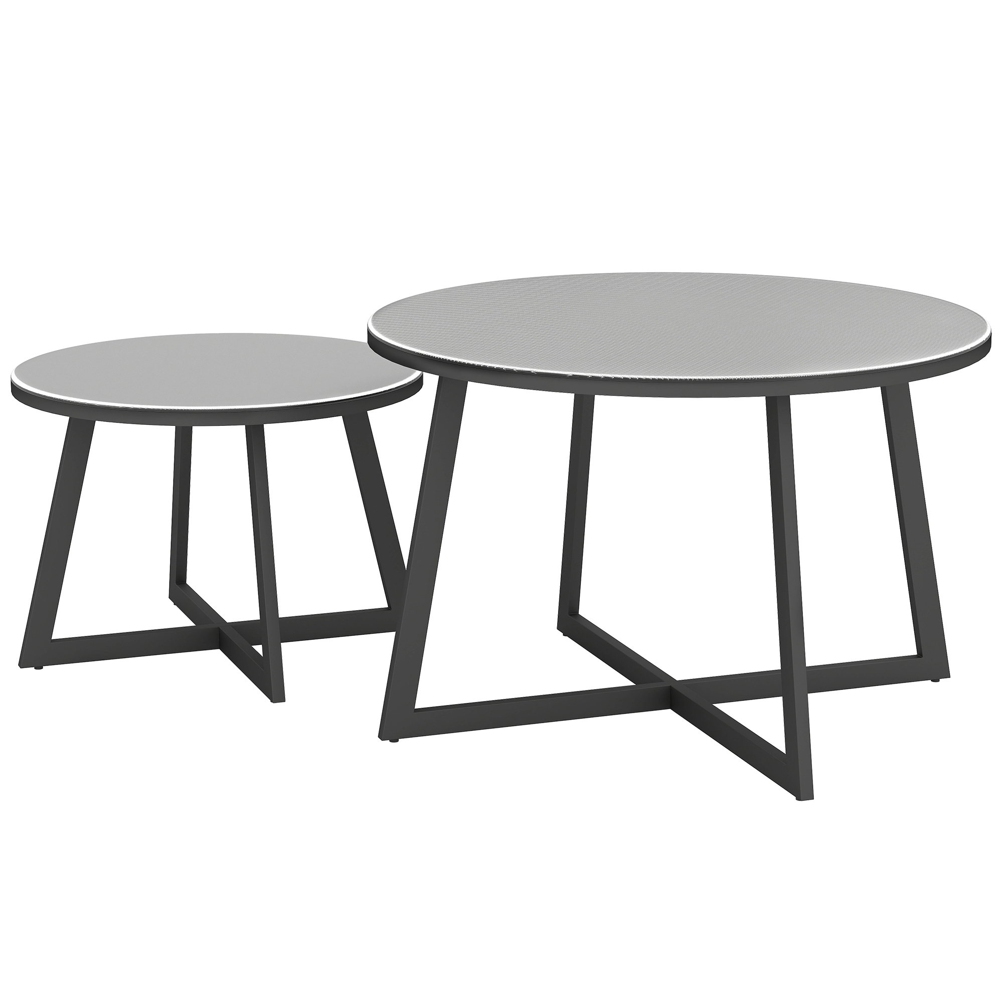 Outsunny 2er Set Beistelltisch Stapelbar Gartentisch Rund wetterfest Balkontisch mit X-Beine Glasplatte Stahl Schwarz+Grau