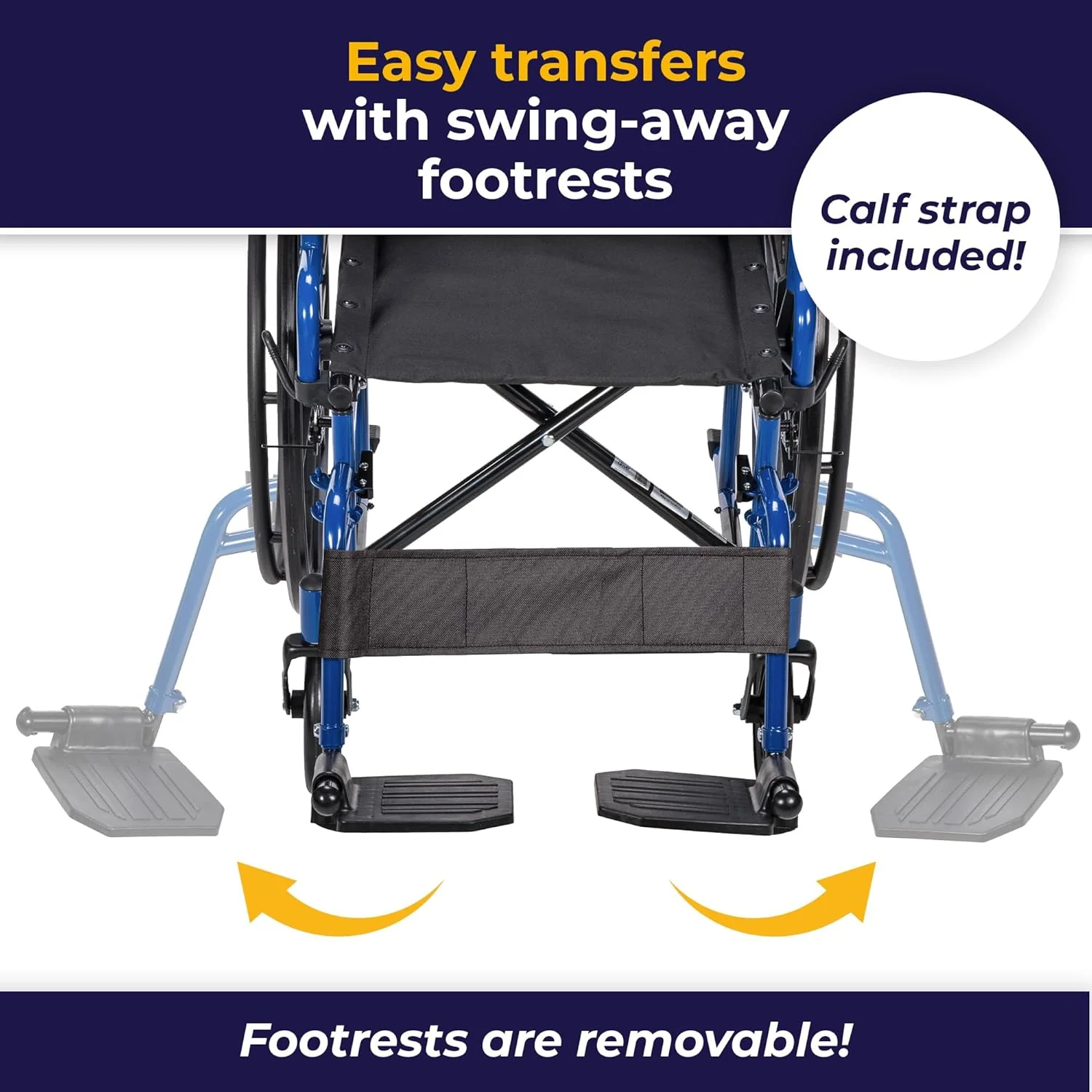 Single-wheel blue racing-style wheelchair, reversible armrests on the table edge, rotatable footrests, size 18 inches, quantity 1 unit.