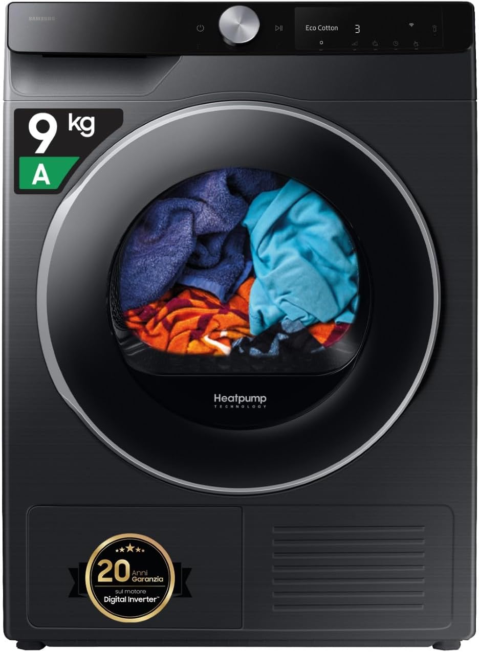 Asciugatrice AI Control DV90DG6845LB/U3, 9 kg, Pompa di Calore, Wifi, QuickDrive, AI Dry, Sensore Optimal Dry, Display AI Control, Carica Frontale, 60L x 85H x 60P cm