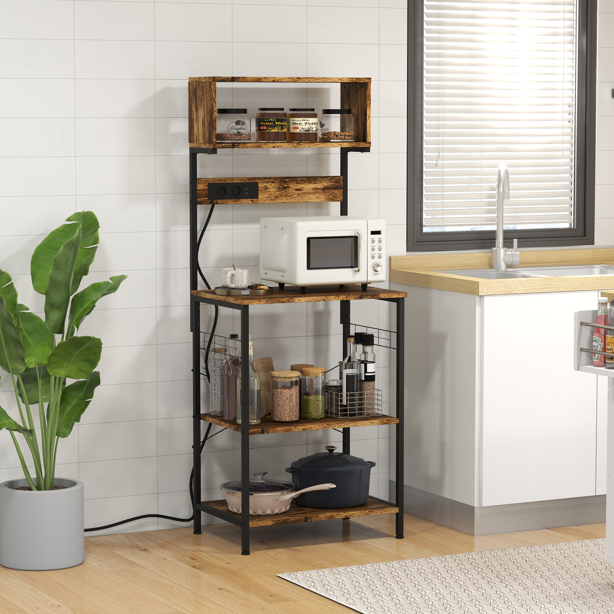 HOMCOM Küchenregal für Mikrowelle mit 2 USB-Ladern und 2 Steckdosen, 5 Haken und verstellbarem Regal