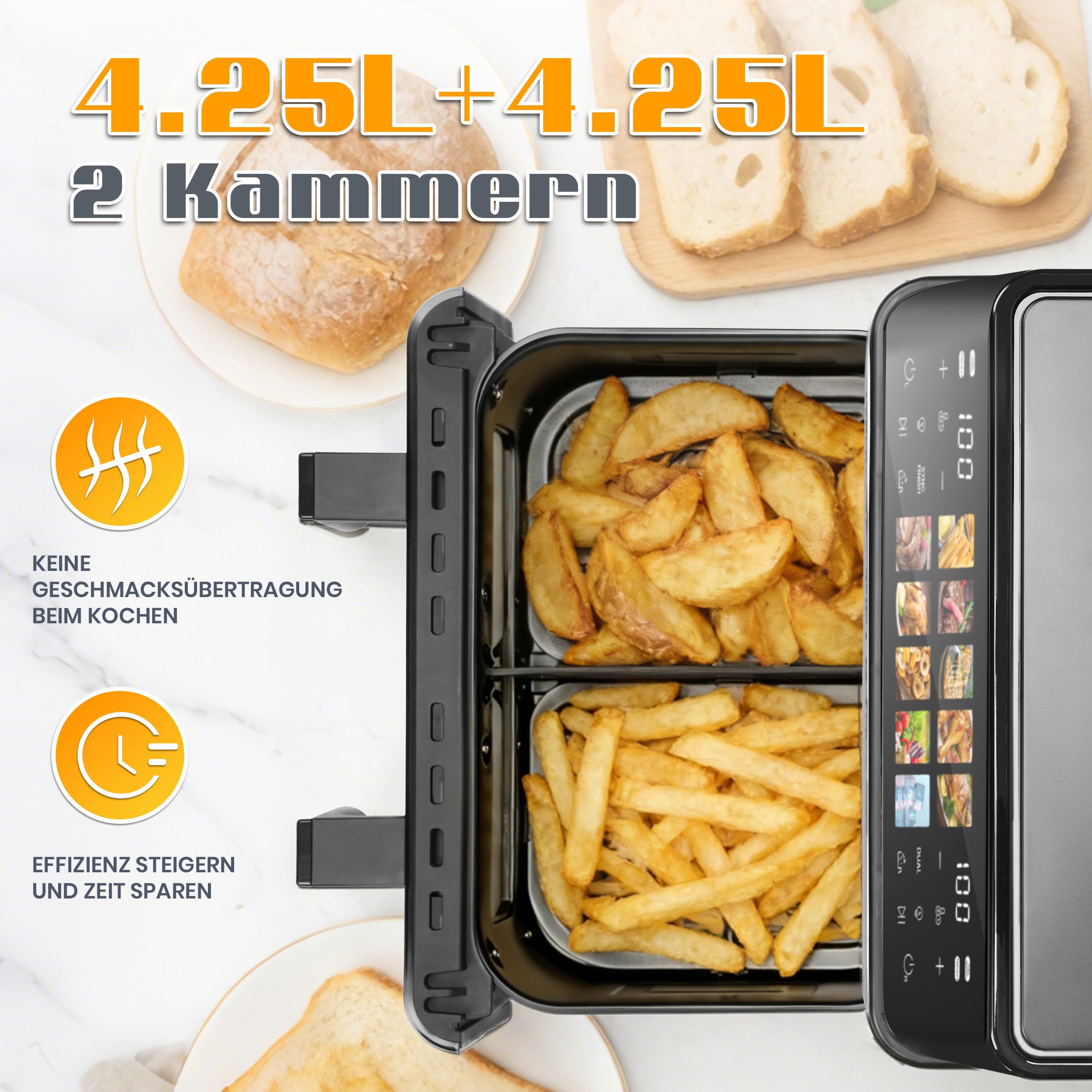 Heißluftfritteuse 8,5 L Doppel-/Einzelkammer, umschaltbar, 12 Anwendungsprogramme