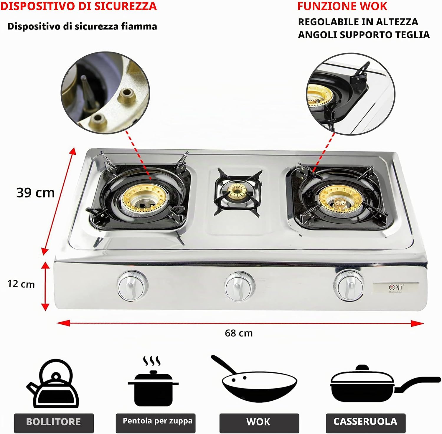 NJ NSD-3 Fornello a Gas 3 Fuochi Piano Cottura Portatile Interna GPL