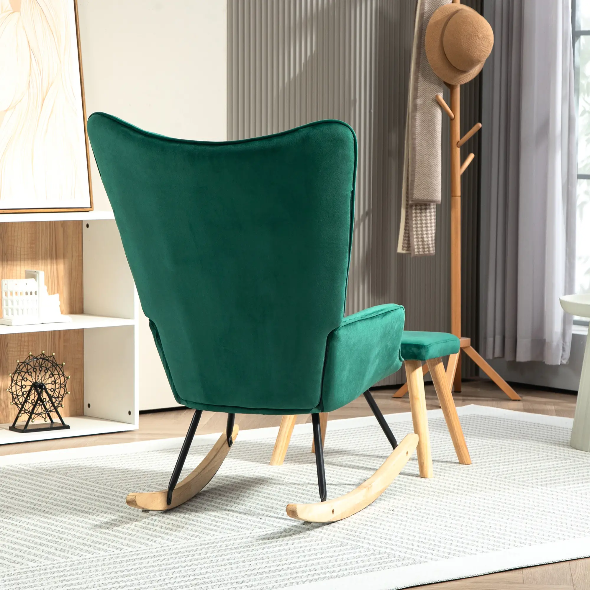 HOMCOM Relaxsessel mit Hocker Schaukelstuhl Set Samt grün
