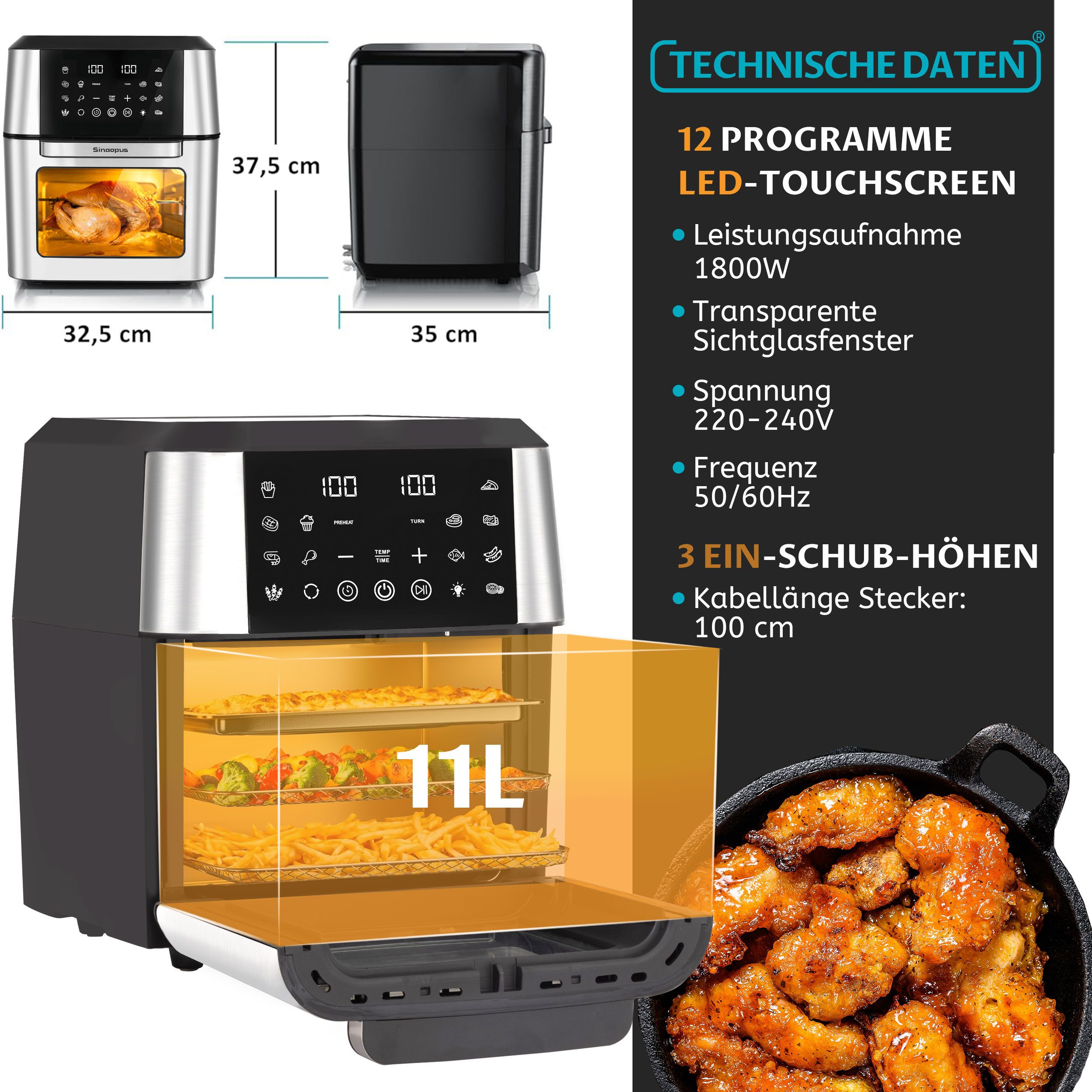 Heißluftfritteuse Heißluftfritteuse & Mini-Backofen 1280 – 11 L XXL, 2000 W, LED-Display