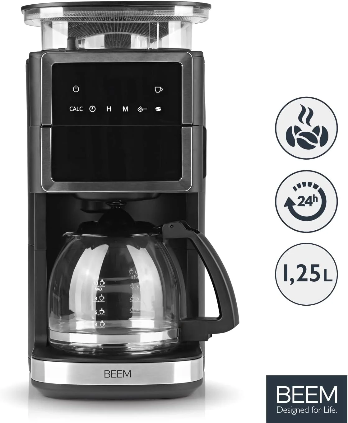 BEEM FRESH-AROMA-PERFECT III Filterkoffiezetapparaat met maalwerk - Duo | Met thermos- & glazen kan | Aroma-Plus-functie | 24-uurs timer | 1000 W | voor maximaal 10 kopjes [roestvrij staal]