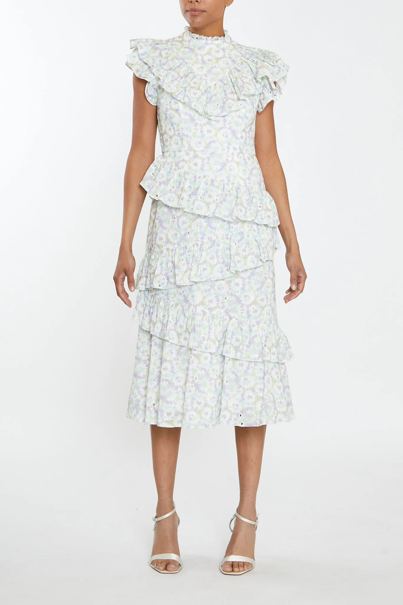 Liliana Orchidime Broderie High-Neck Ruffle Midi-Dress