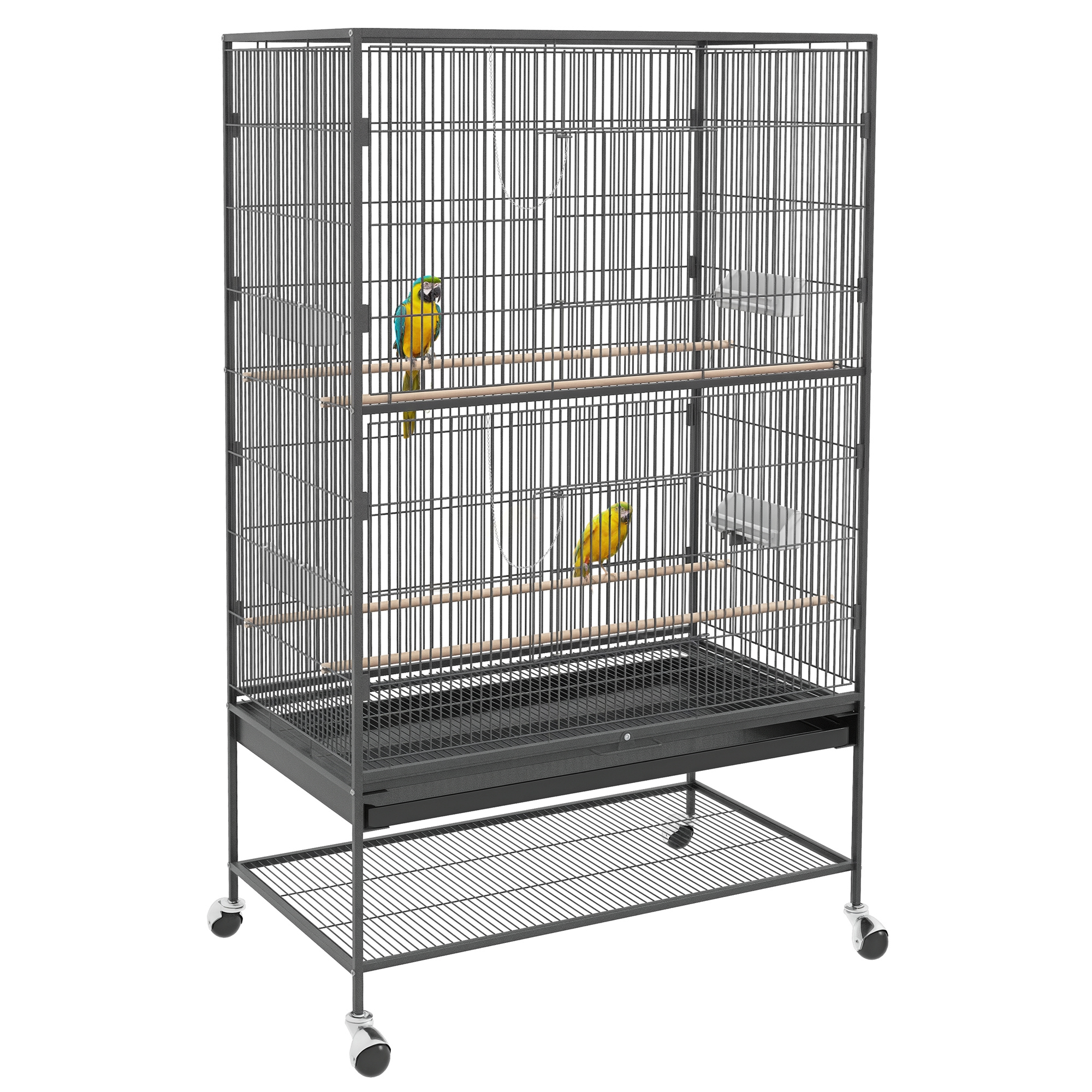 PawHut Vogelkäfig inklusive Sitzstangen, Vogelspielzeug, herausnehmbare Bodenwanne, 1 Ablage, Grau