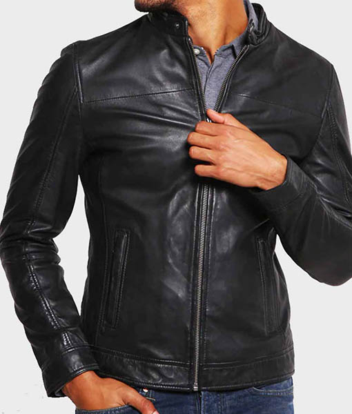 Mens Casual Black Cafe Racer Biker Jacket