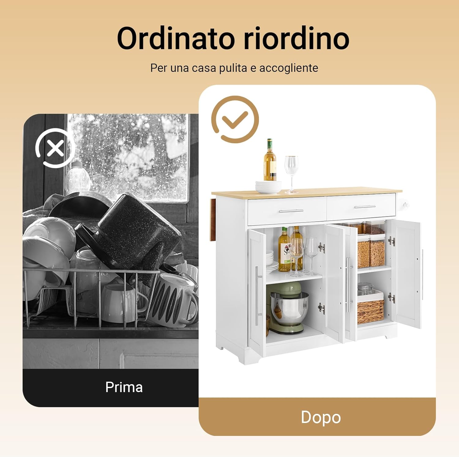 SoBuy Carrello Cucina con Ruote, Isola Cucina con Piano di Lavoro Estensibile in Legno, 2 Cassetti e Ripiani Regolabili Credenza Cucina Salvaspazio Penisola Cucina Bianco 113x(44-69) x91 FKW129-WN