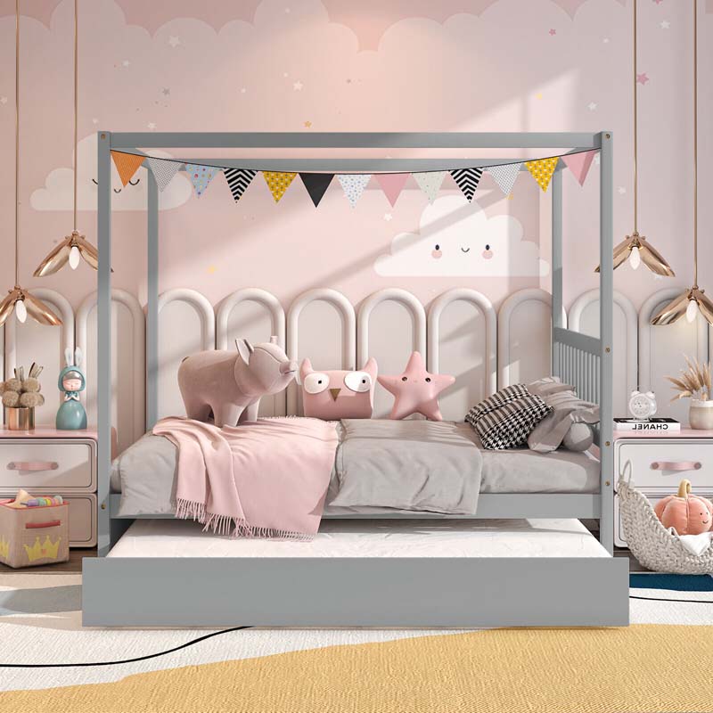 Eletriclife Full Size Canopy Bed with Trundle Wooden Platform Bed Frame Headboard