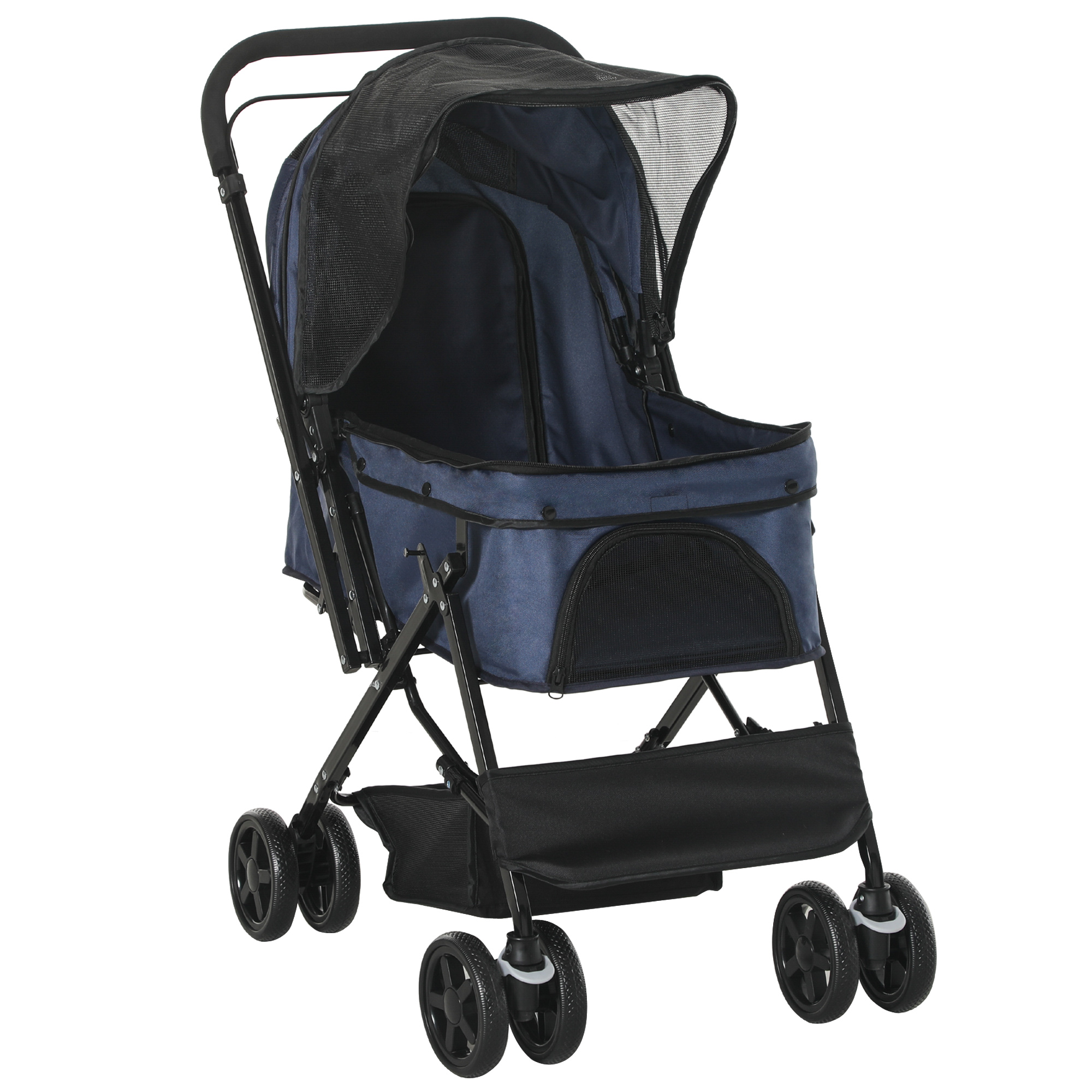 PawHut Hundewagen Hundebuggy bis 10kg verstellbares Vordach klappbar Bodenkorb 2 Bremsen Sicherheitsleine Blau