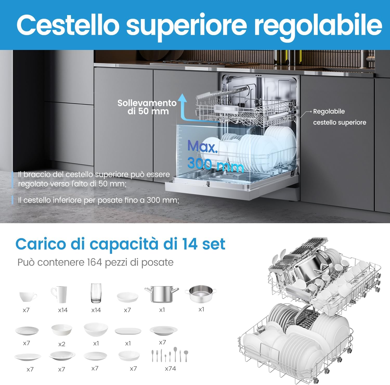 Midea MFD60S200X.1-IT Dishwasher Freestanding with 14 Places, 8 Programs, LED Display, Delay Start, Half Load Function, Extra Drying - Stainless Steel