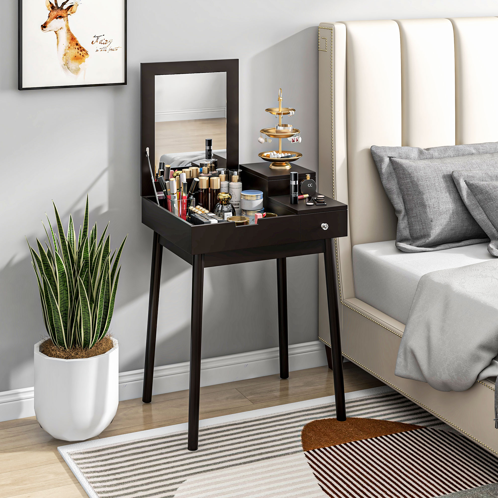 HOMCOM Schminktisch 2-in-1 mit Klappbarem Spiegel und 2 Schubladen, 60x50x85.5 cm, Schwarz