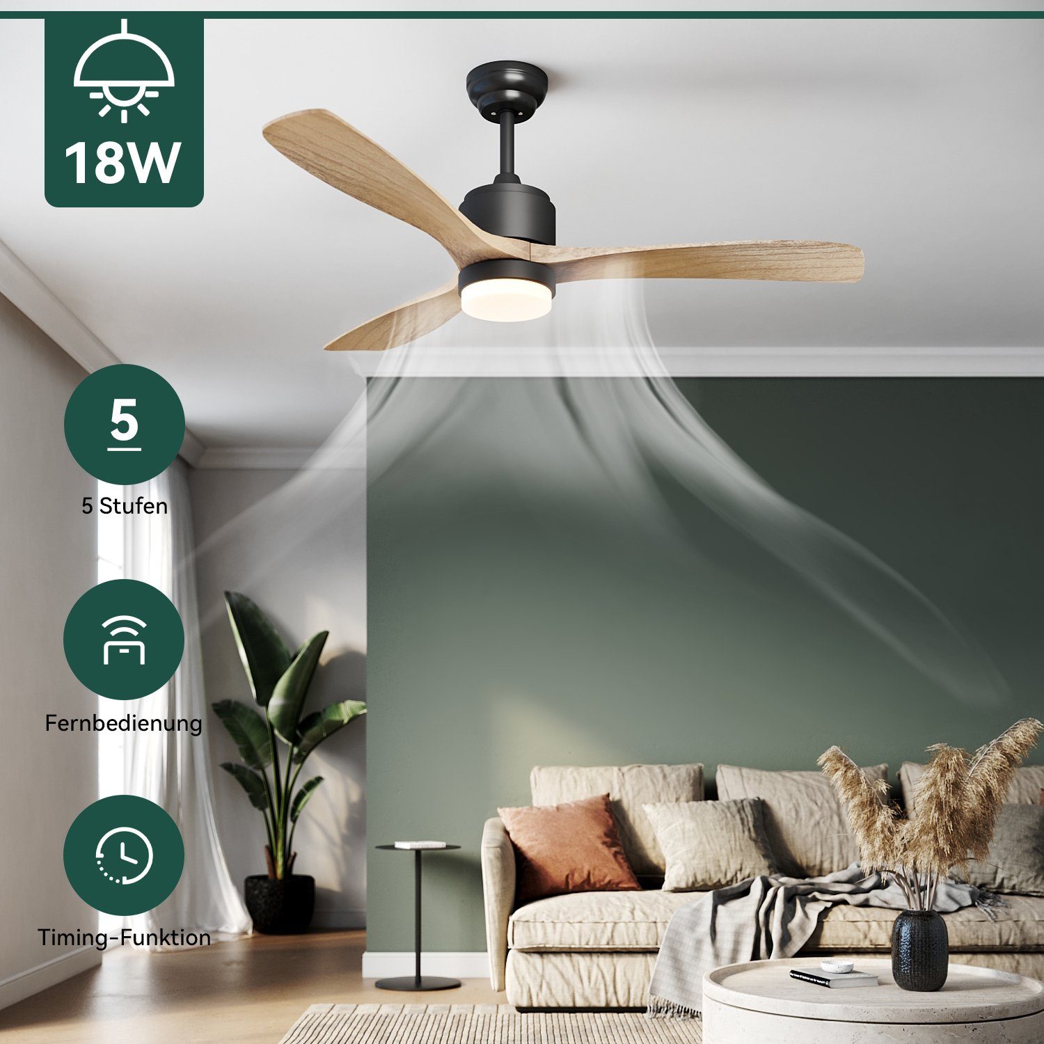 Deckenventilator mit Beleuchtung und Fernbedienung leise 132 cm