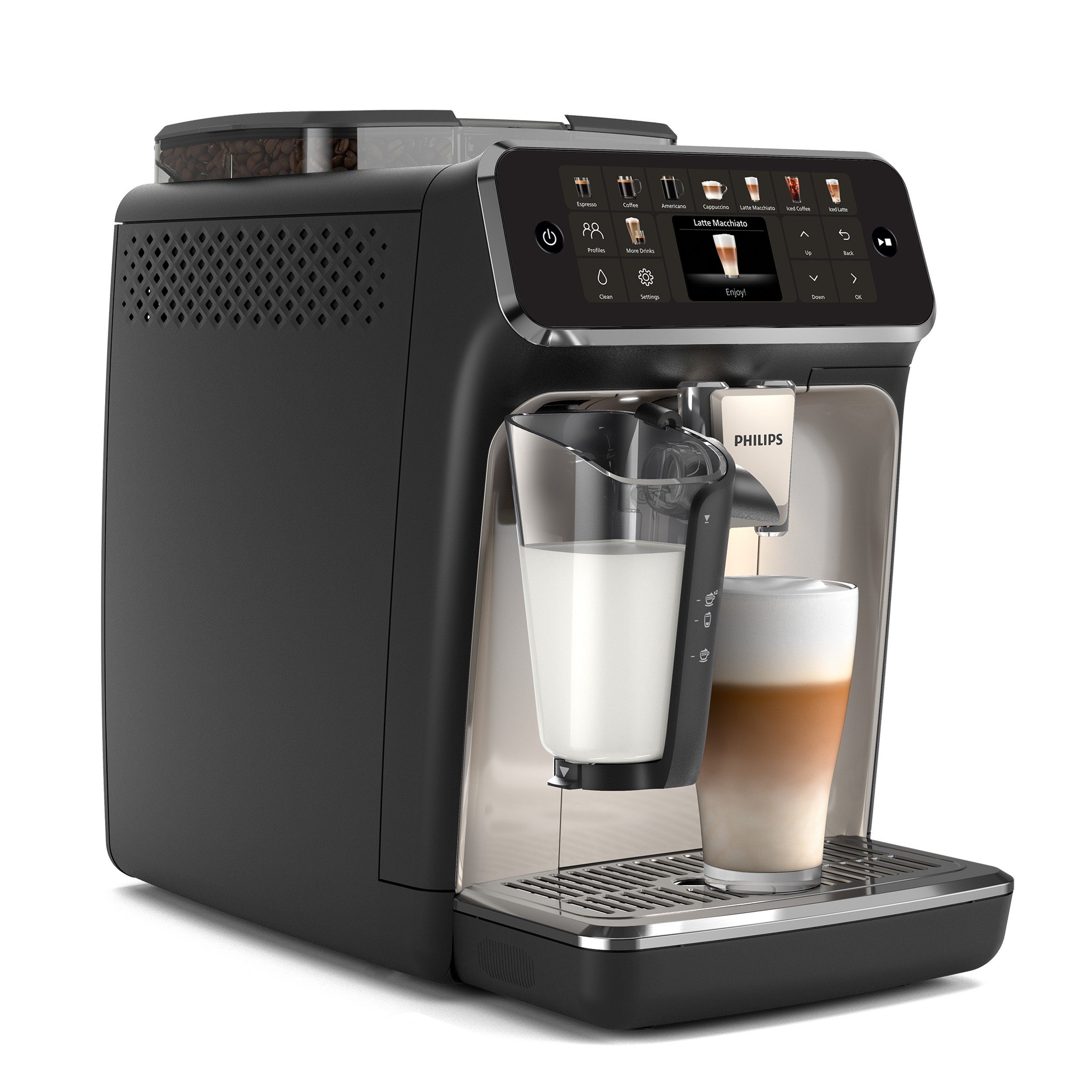 Kaffeevollautomat EP5547/90 5500 Series, 20 Kaffeespezialitäten (heiß oder eisgekühlt), Schwarz verchromt