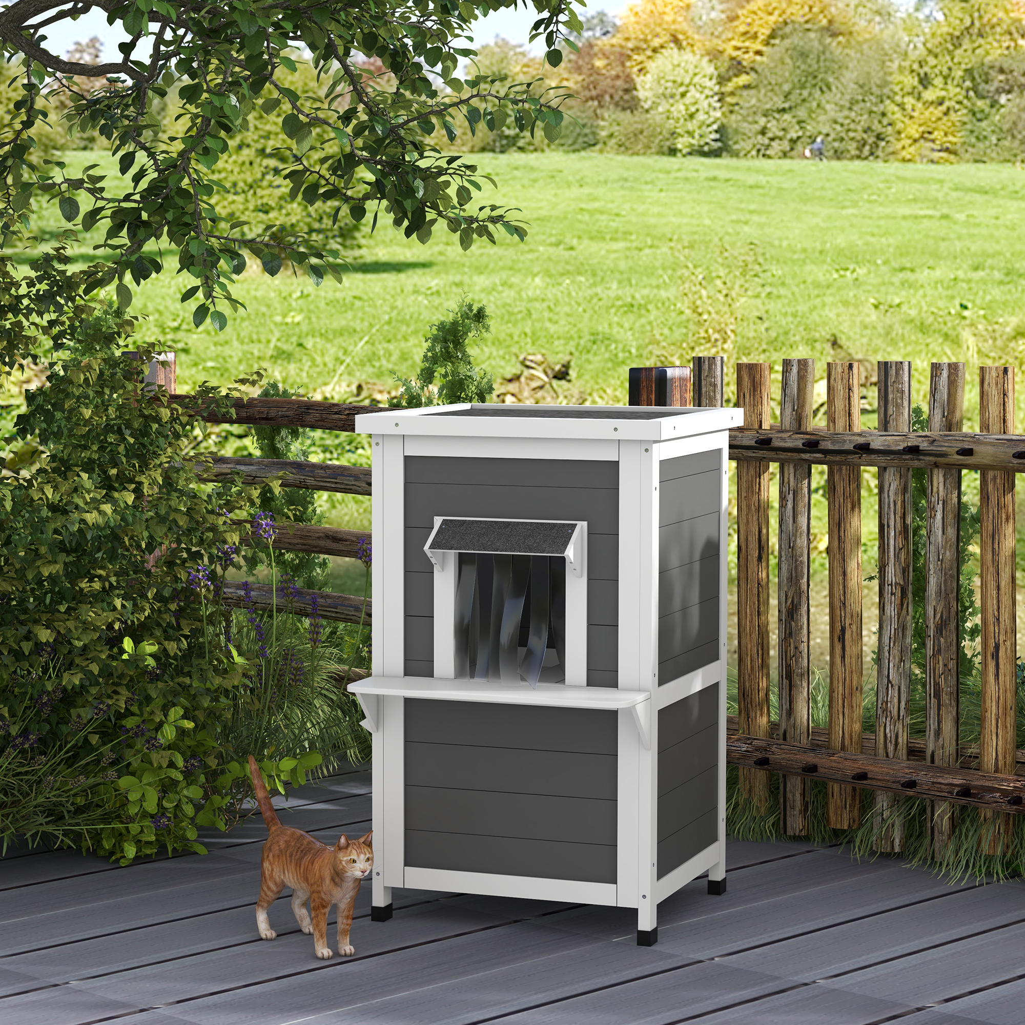 PawHut Katzenhaus, Katzenhütte, Outdoor, Wetterbeständig, 60 cm x 60 cm x 81.5cm, Weiß + Grau