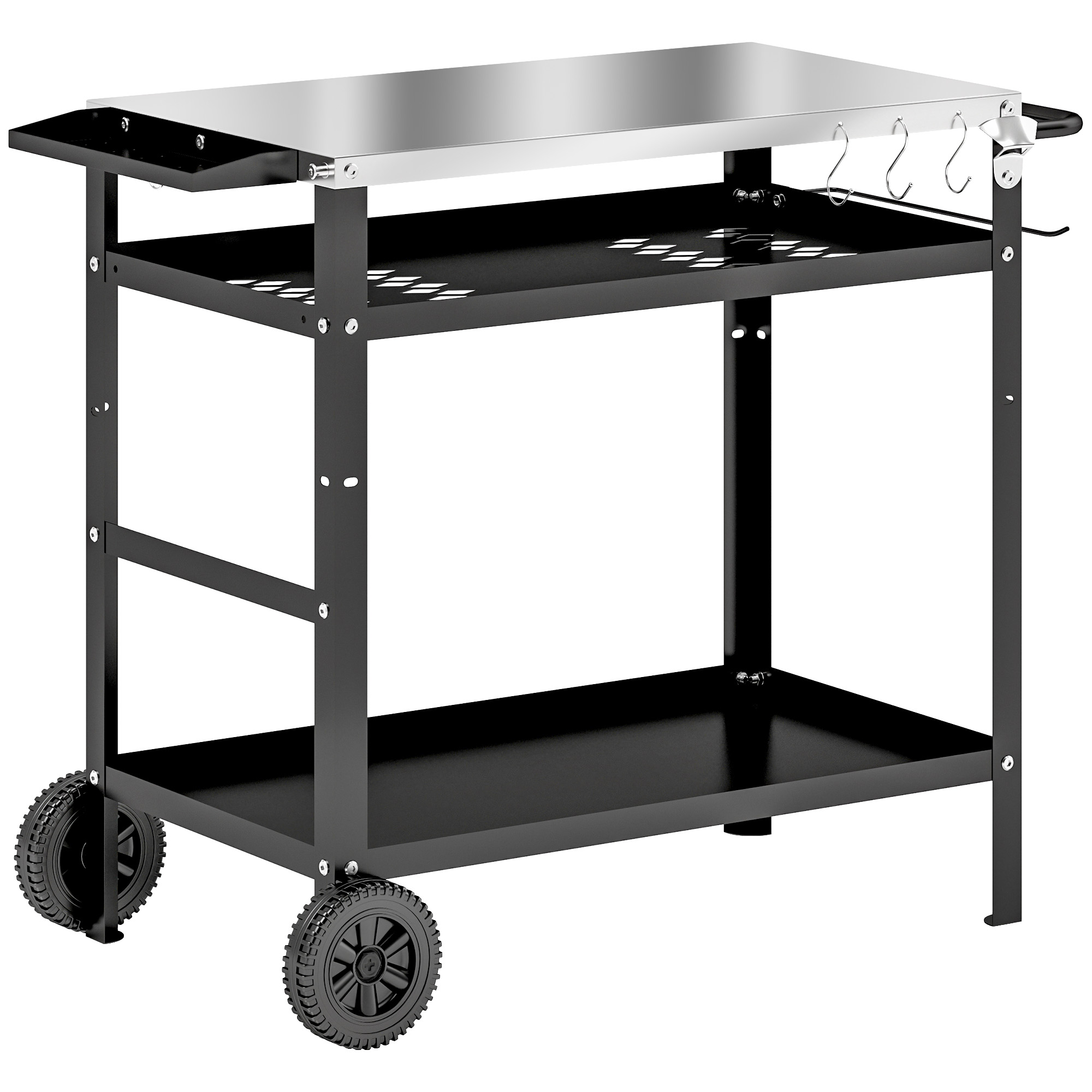 Outsunny Grillwagen 3-Etagen Servierwagen mit Arbeitsfläche Griffe Hülle Räder, BBQ Grilltisch Edelstahl 100x52x80cm Schwarz