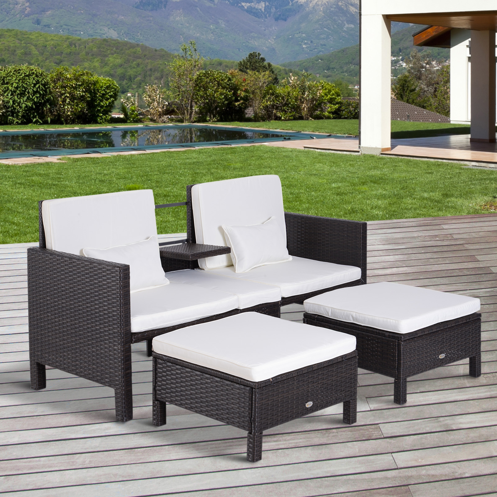 3-delige Tuinbank tuinmeubelen lounge tuinset zitgroep rotan meubel bruin poly-rotan + metaal 2-zits bank 2 x kruk kussens | Aosom.de