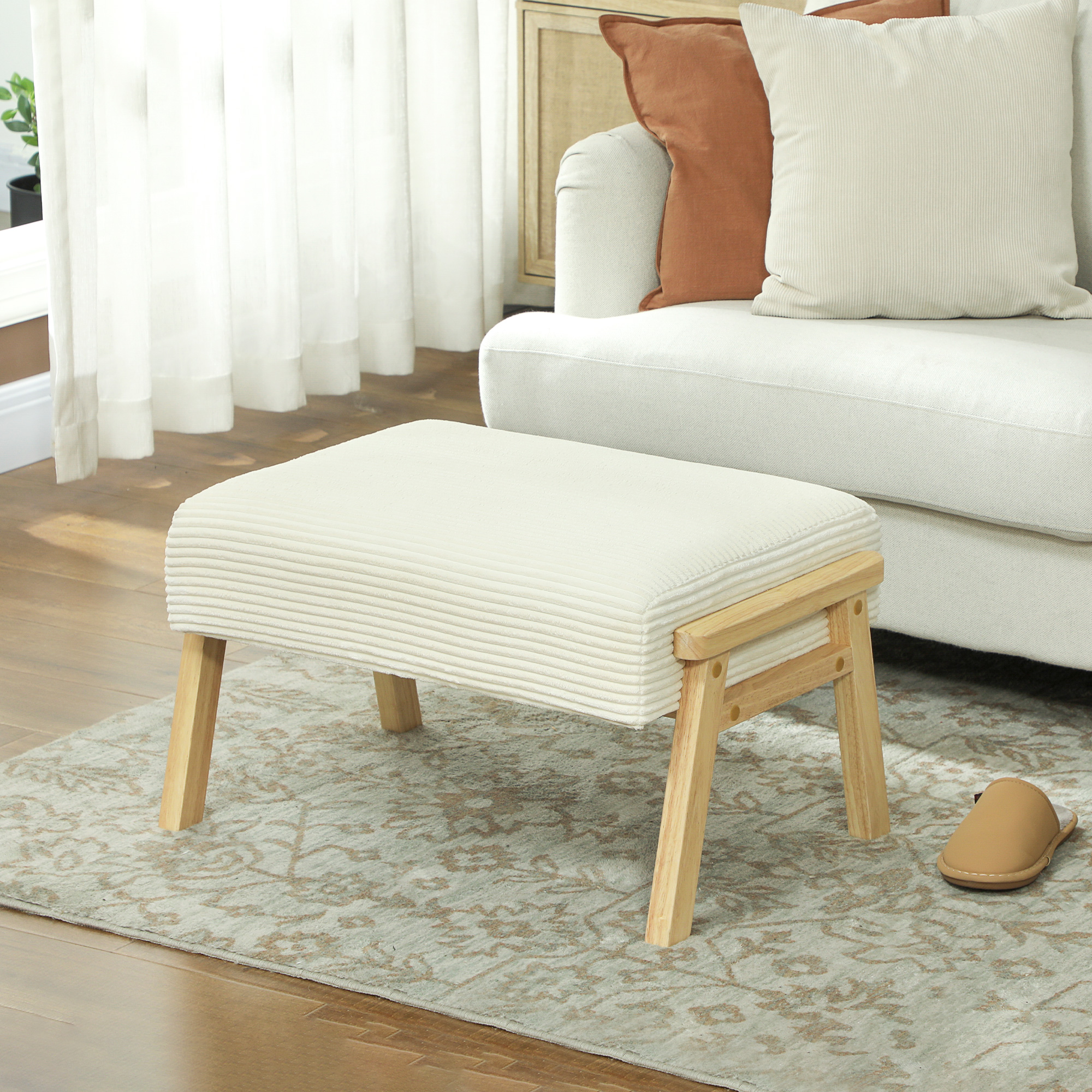 HOMCOM Sitzhocker Hocker mit weichem Sitzkissen Holzbeinen Fußhocker mit Cordoptik Cremeweiß