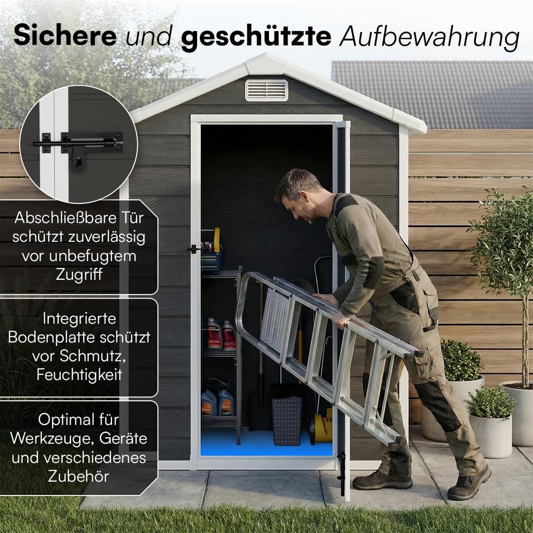 STEELSØN Novara Gerätehaus – Gartenschuppen mit Satteldach & Fenster – Gartenhaus 202x103x134 cm (HxTxB) – Geräteschuppen aus Kunststoff in Dunkelgrau – Gartenhütte wetterfest & rostfrei – Schuppen