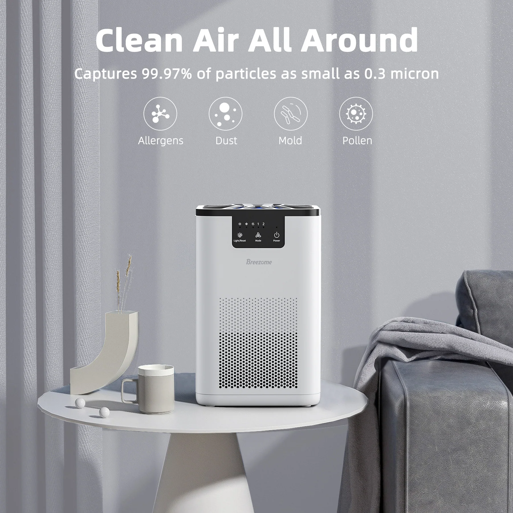 Purificatore d’Aria BREEZOME con Filtro True HEPA H13, Rimuove il 99,9% di Fumo e Polvere per Ambienti fino a 28 m² (300 piedi quadrati)