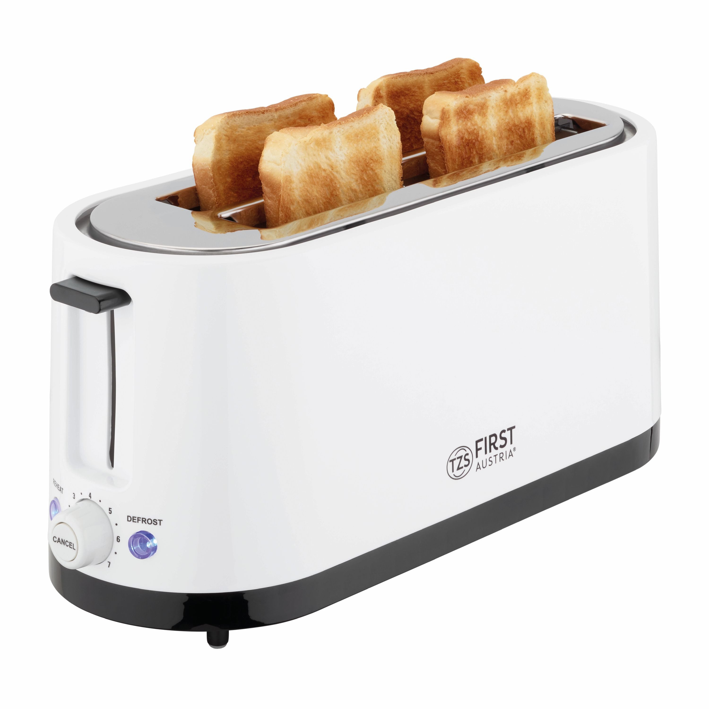 Toaster 4 Scheiben, Langschlitz, 1400W mit Krümelschublade, Brötchenaufsatz