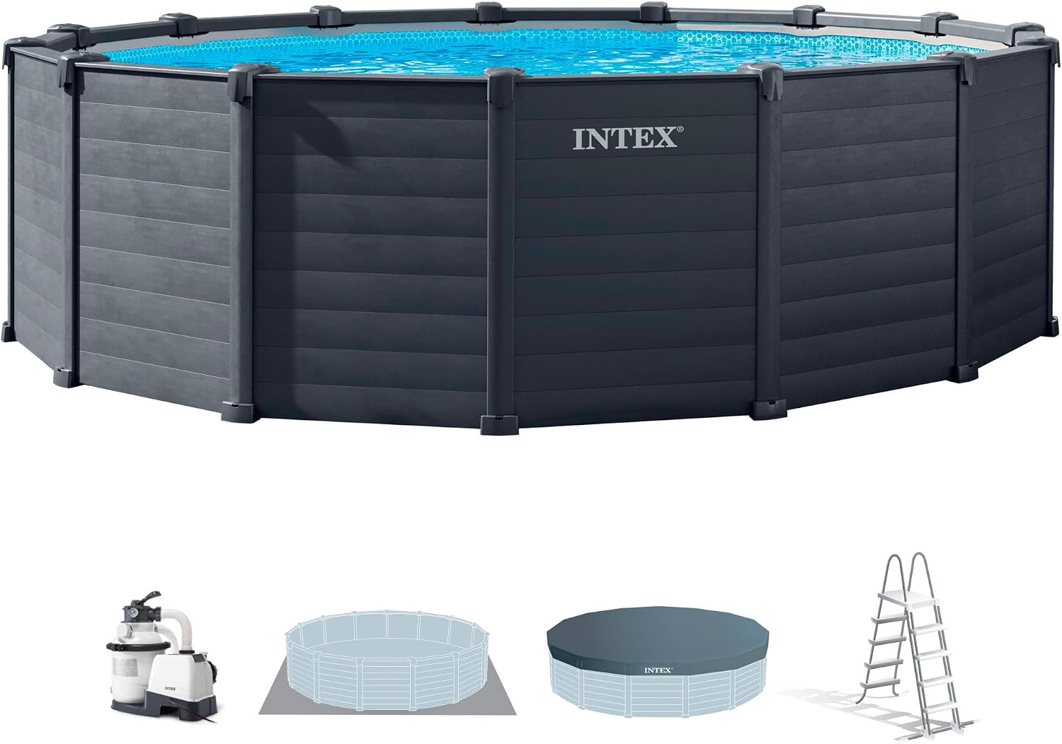 Intex 26384 Piscina Fuori Terra Graphite Panel, Grigio Grafite, Ø 478 x 124 cm, Sistema di Filtrazione a Sabbia e Scaletta Inclusi