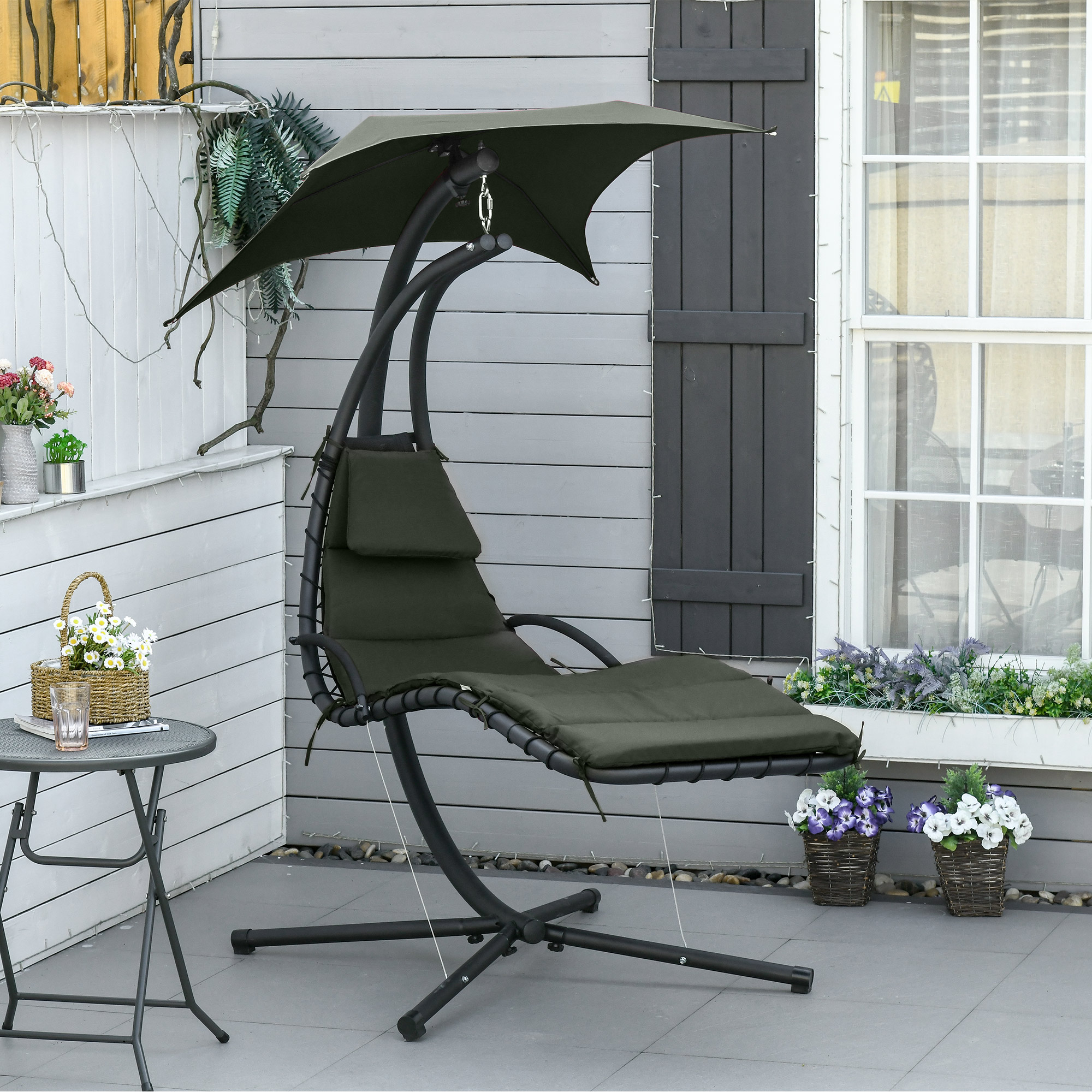 Outsunny Sonnenliege Hängeschaukel Hängesessel für den Außenbereich mit Sonnenschutz und Matratze Zeitgenössisches Design 194L x 117B x 192H cm Stahl Polyester Dunkelgrau Schwarz