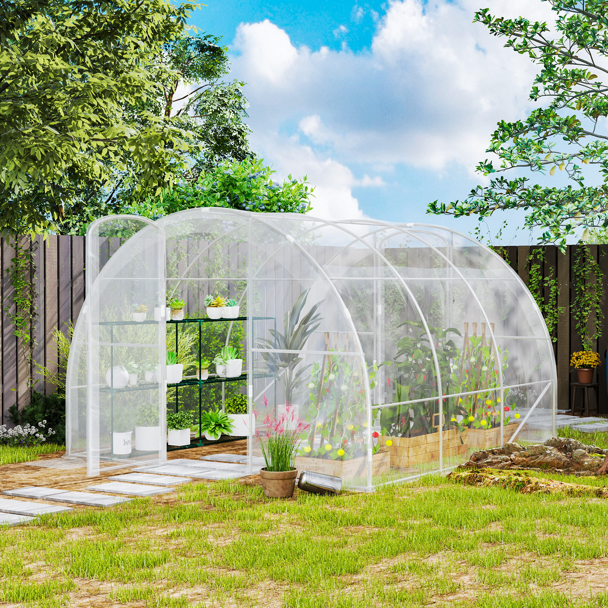 Outsunny Garten Tunnelgewächshaus 3 x 3 x 2 m 9 m² mit Tür mit Scharnieren und 150 g/m² PE-Folie für Gemüse Pflanzen Blumen