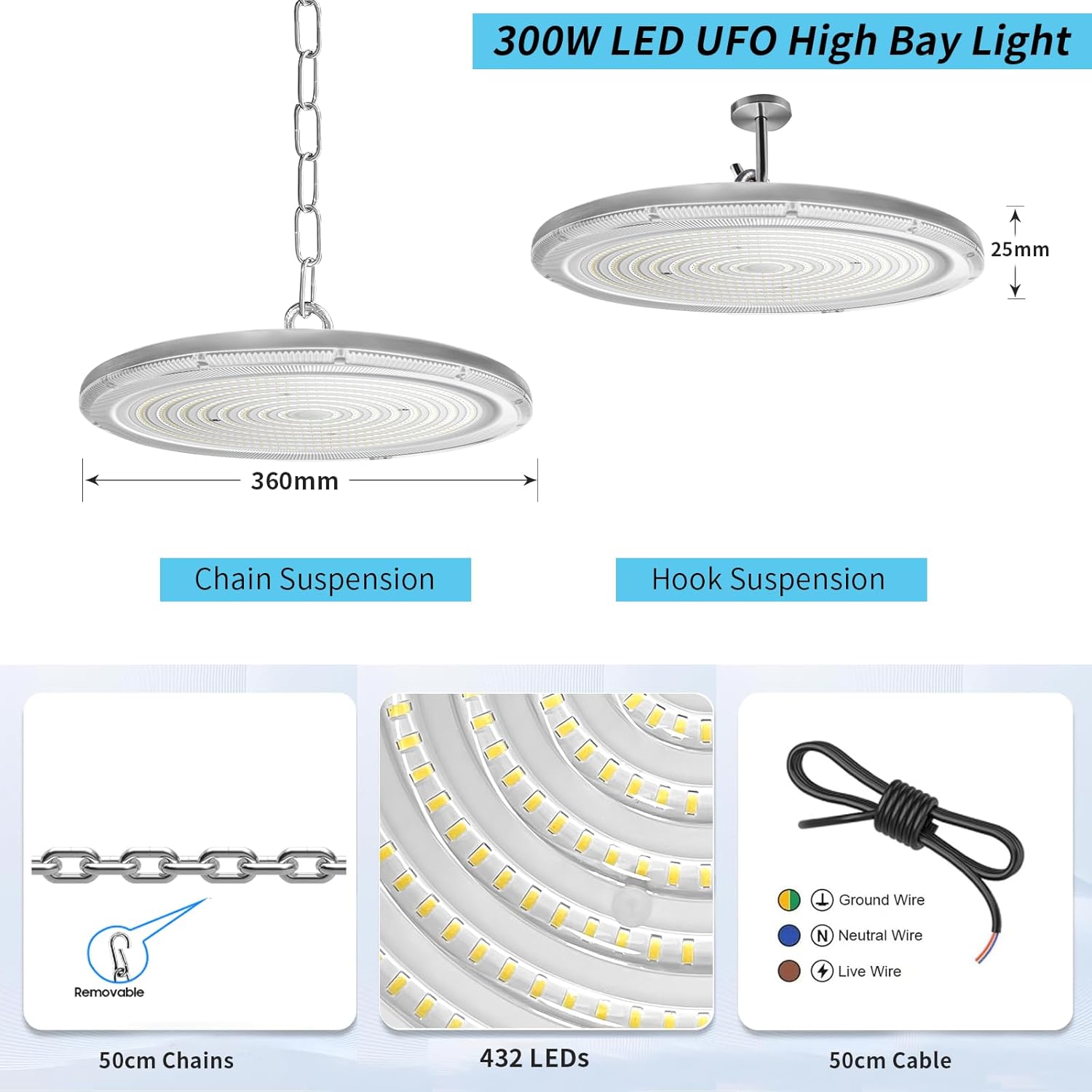 LED UFO Industrielampe,300W Superhell Hallenstrahler UFO LED Werkstattlampe,6500K Kaltweiß IP65 Wasserdicht High Bay Licht Kronleuchter für Fabriken,Garage,Lagerhaus,Baustelle,Stadio-6pcs