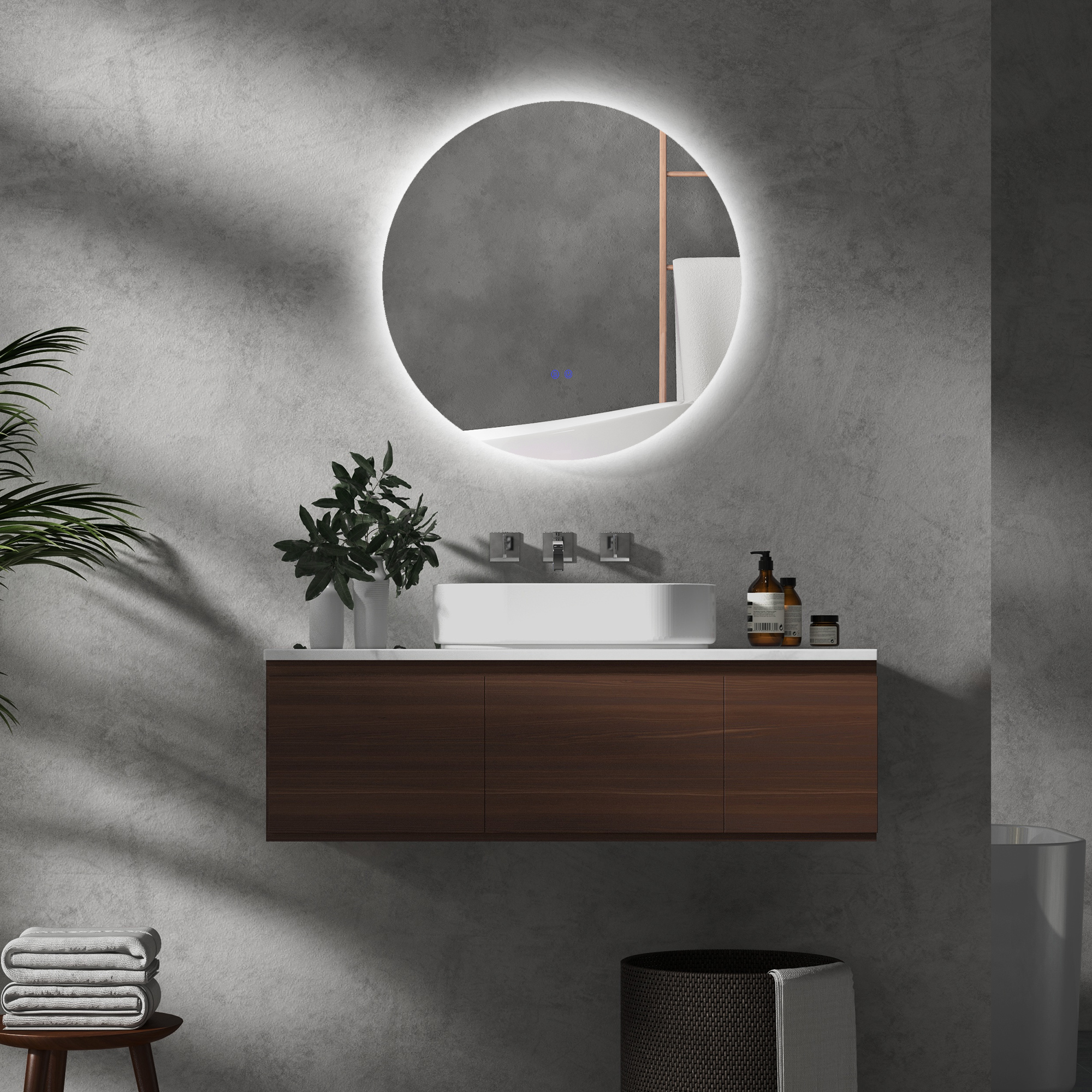 kleankin Runder LED-Wandspiegel, Touch-Schalter, Farbwechsel 3000K-6500K, Antibeschlag, Ø 70 cm, Weiß/Silber